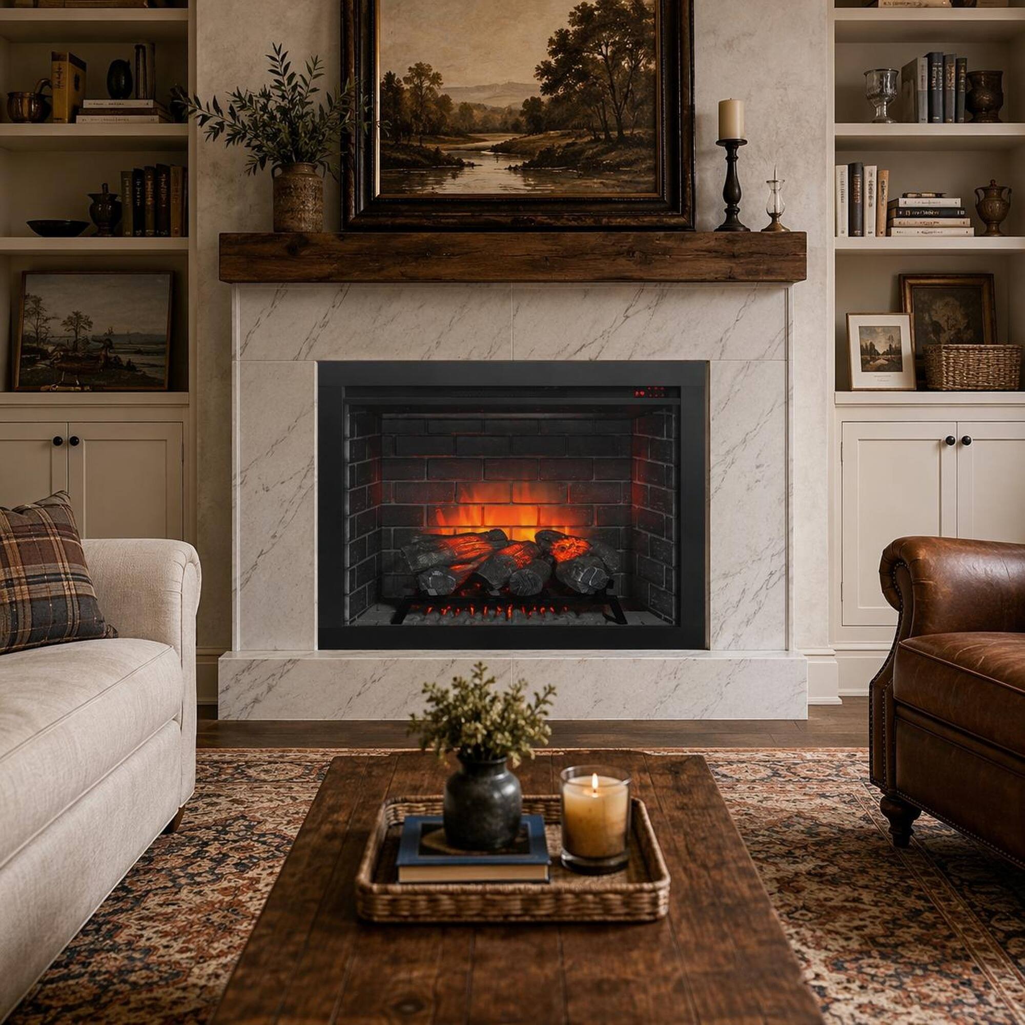Angle. RYHNUYNE - 33 Inch Infrared Electric Fireplace with Removable Trim Kit Insert & Touch Panel for Living Room - Antique Black.