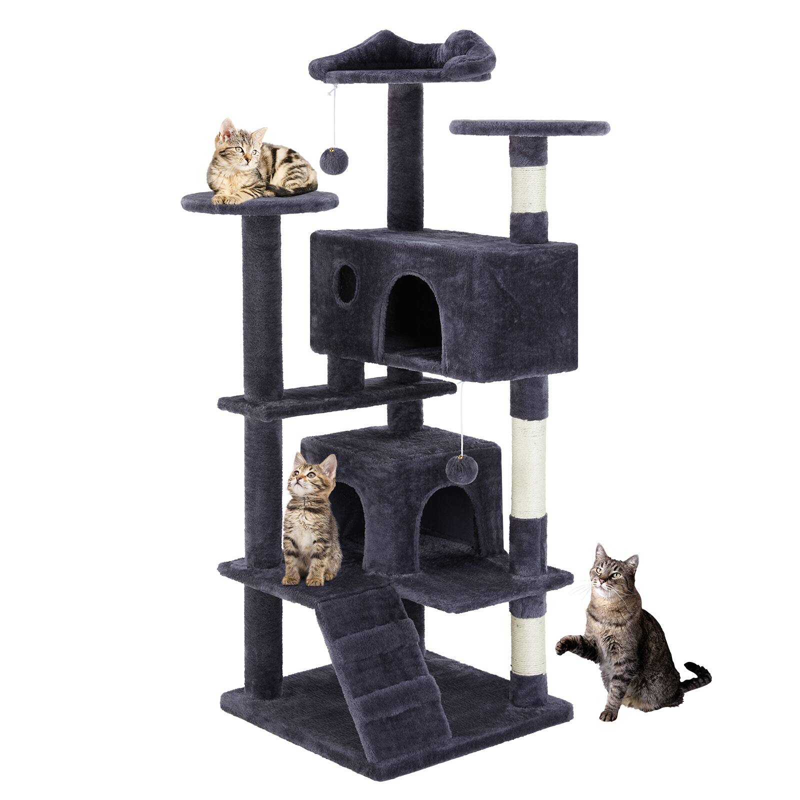 Left. AENKYO - 54" Cat Tree Tower Pet House Large Multi-Cat Climbing with Cat Scratching Post Condo for Indoor - Dark Blue.