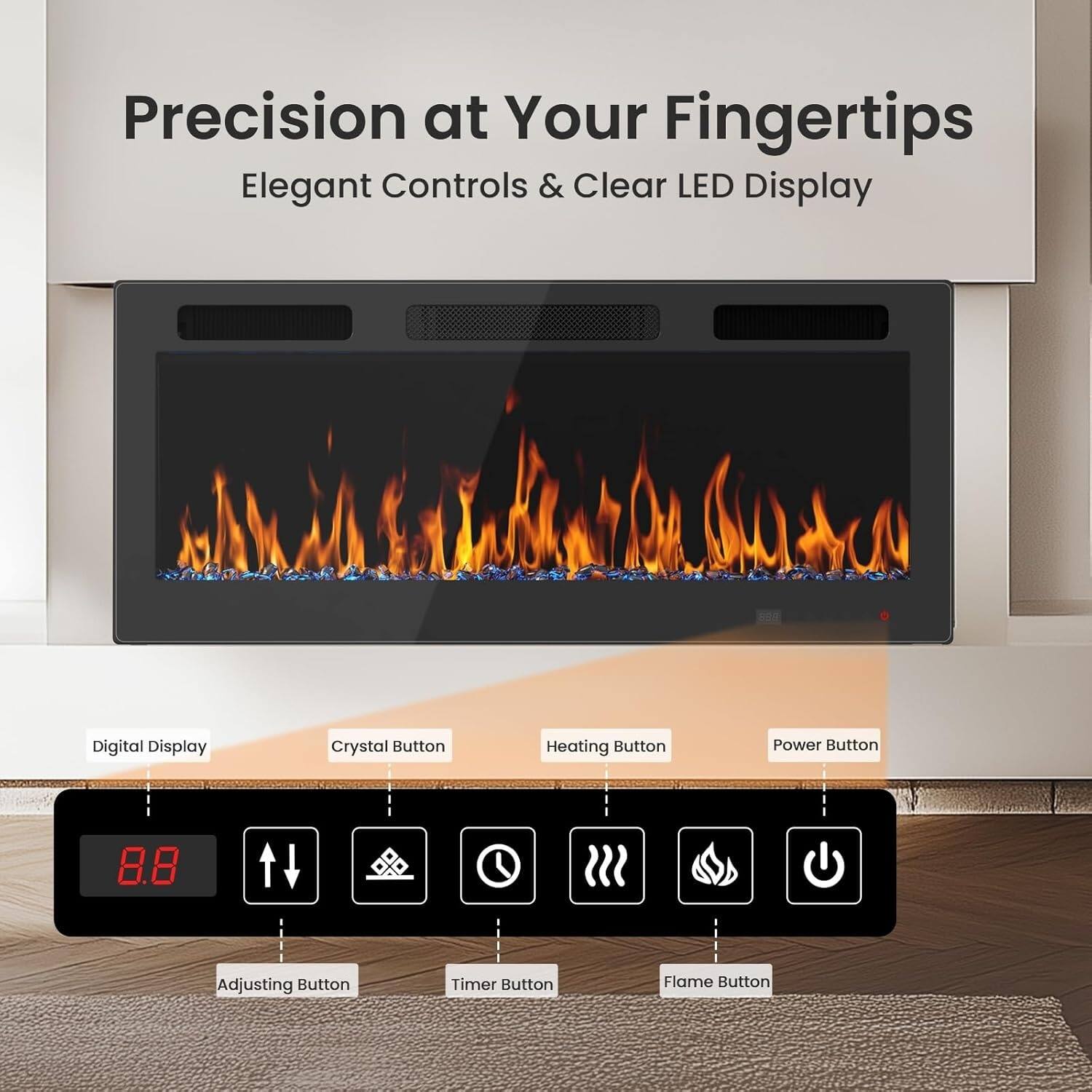 Precision at Your Fingertips  
Elegant Controls & Clear LED Display  

- Digital Display  
- Crystal Button  
- Heating Button  
- Power Button  
- Adjusting Button  
- Timer Button  
- Flame Button  

8.8