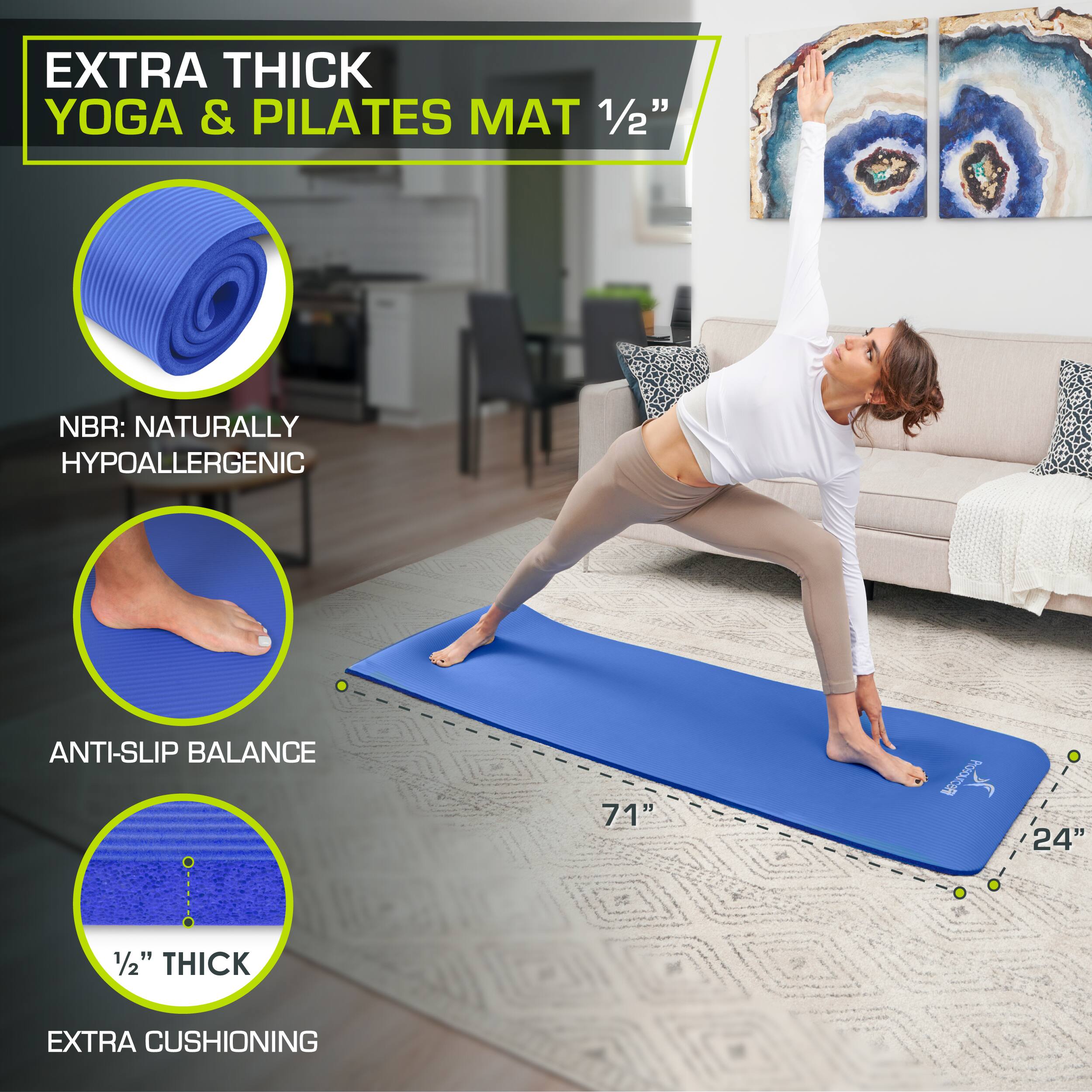 EXTRA THICK YOGA & PILATES MAT 1/2" NBR: NATURALLY HYPOALLERGENIC ANTI-SLIP BALANCE 71" 24" 1/2" THICK EXTRA CUSHIONING