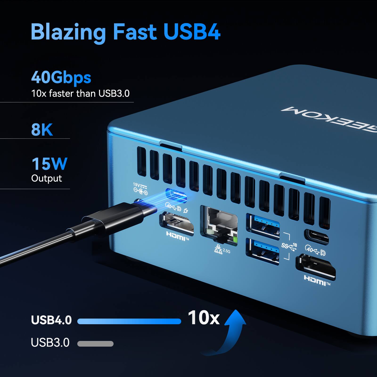 Blazing Fast USB4  
40Gbps  
10x faster than USB3.0  
8K  
15W Output  
19V  
2.5G  
USB4.0  
10x USB3.0