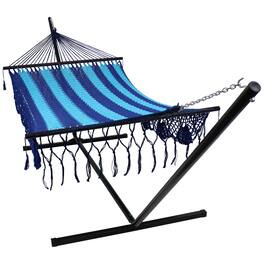 Sunnydaze - 2-Person Cotton/Nylon Hammock with Steel Stand and Fringe - Blue