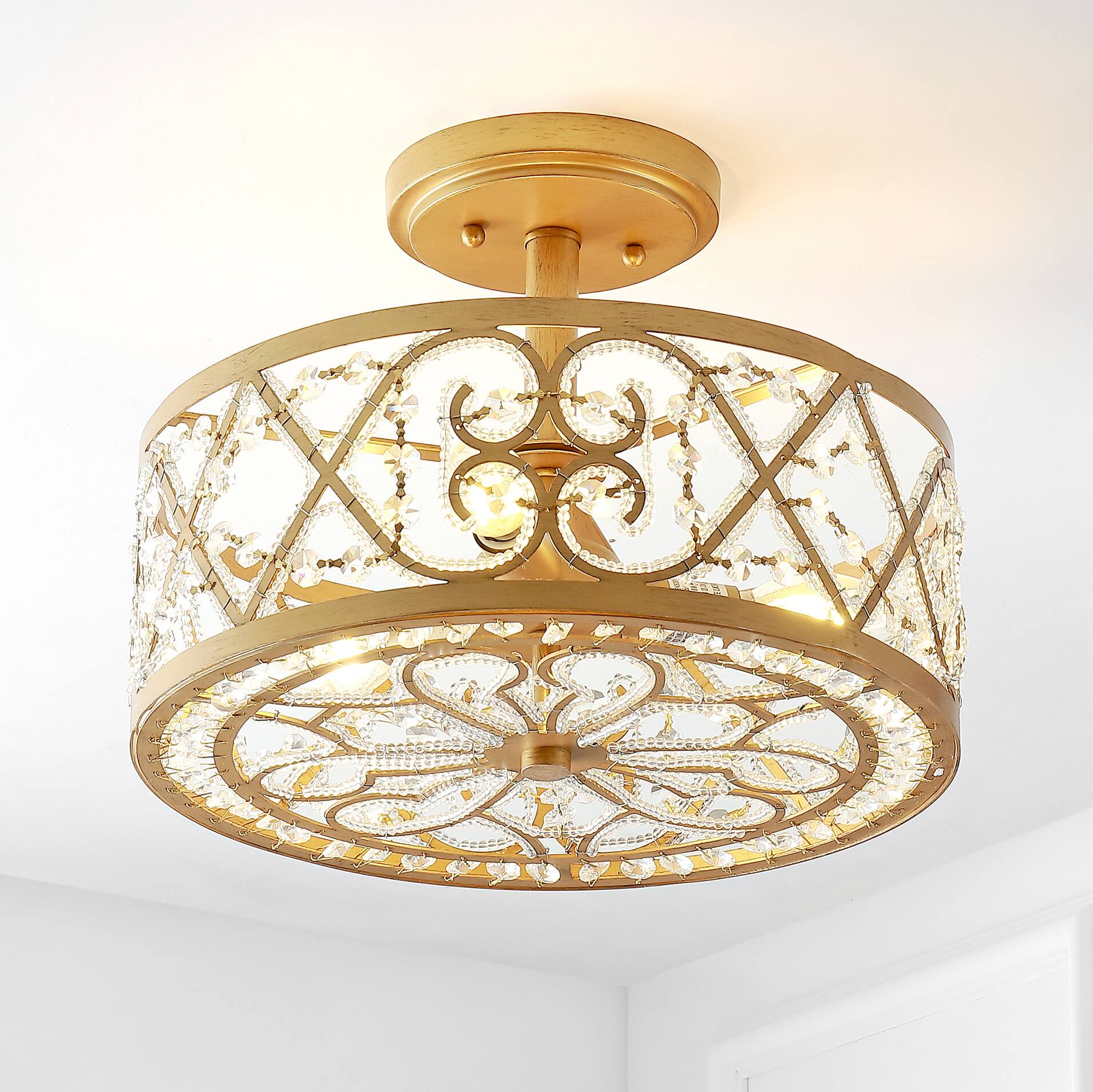 Alt View 1. Jonathan Y - Leila 3-Light 13.25" Iron/Crystal Modern Glam LED Flush Mount, Gold - Gold.