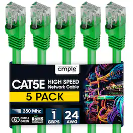 Cmple.com - Cmple - 5 Pack Cat5e Ethernet Cable 5 ft, Router Patch Cord, Internet Cat5 Cables, RJ45, LAN Network Wire - Green