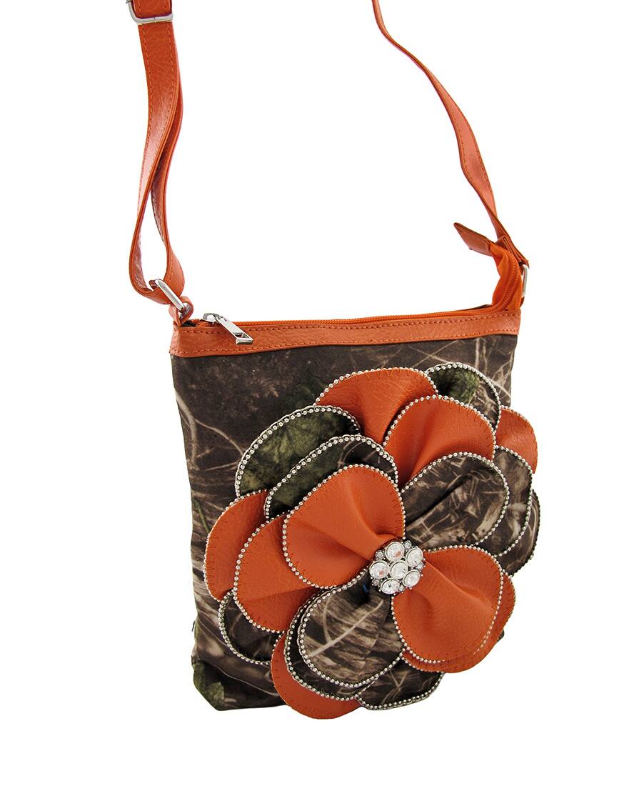 Alt View 2. Zeckos - Forest Camouflage Cross Body Bag with Flower - Orange.