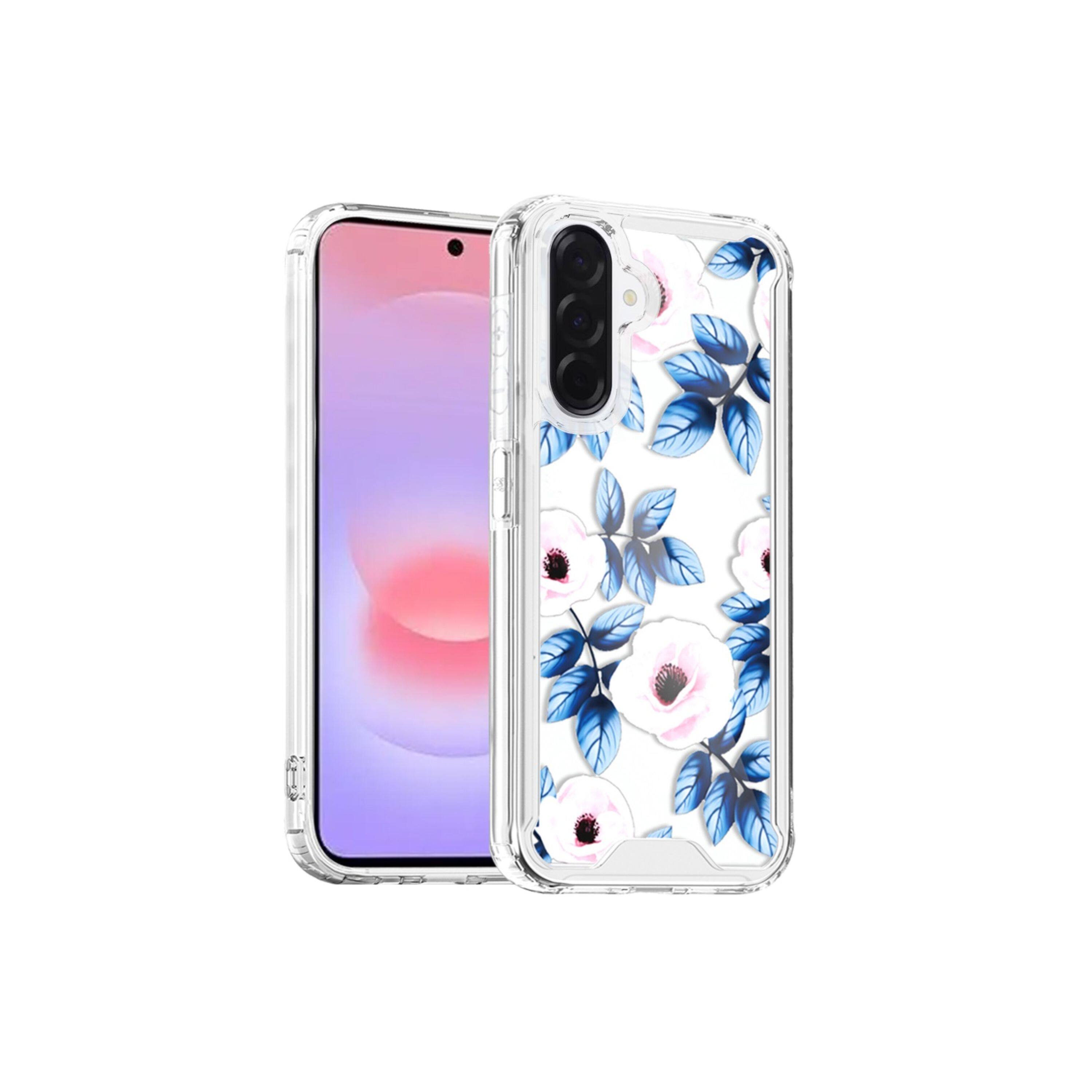 Angle. Kitcheniva - Cute Printed Design Clear TPU Phone Cover With Tempered Glass For Samsung Galaxy A37 Blue Leaves - Multicolor.