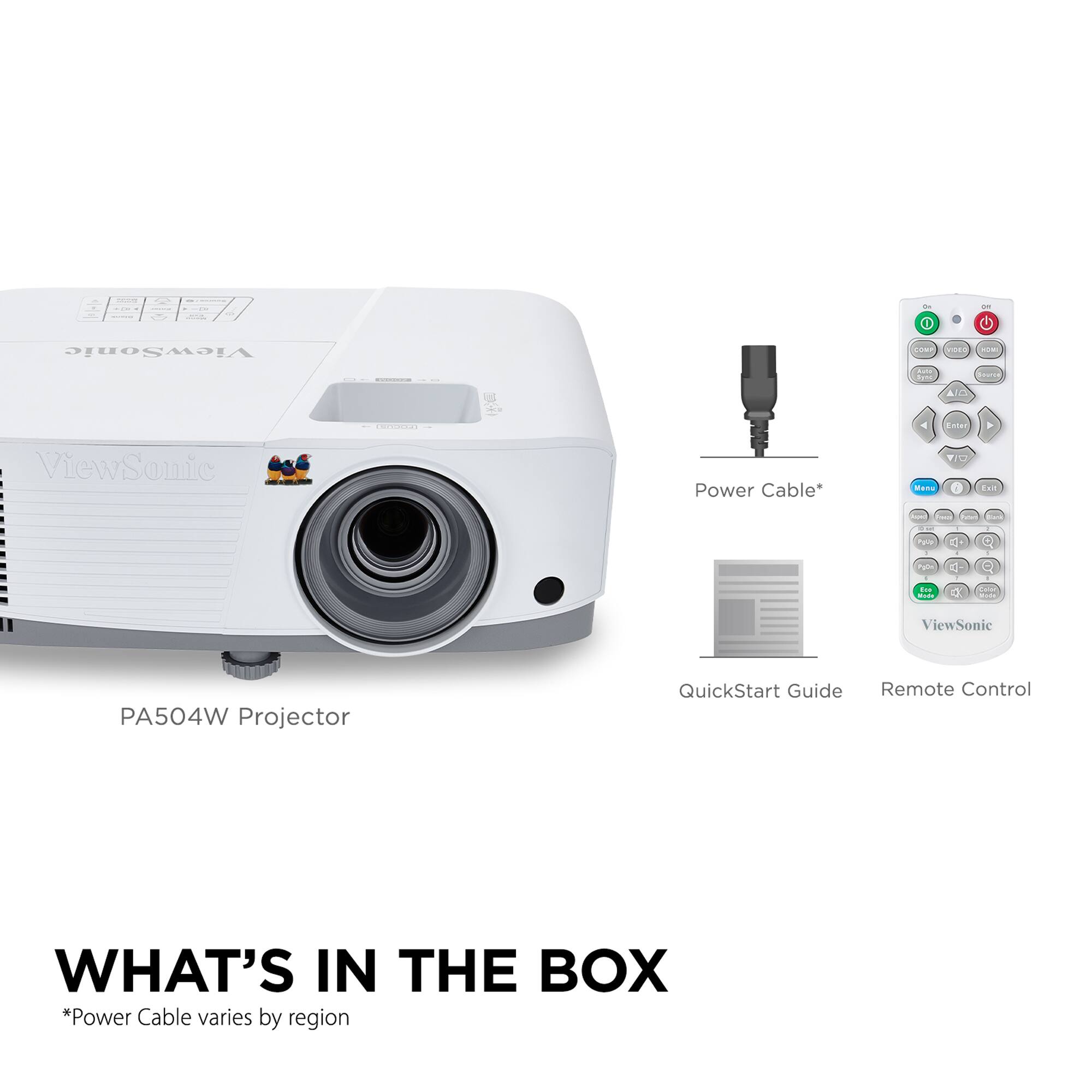 What's in the box:
- ViewSonic PA504W Projector
- QuickStart Guide
- Remote Control
- Power Cable (varies by region)