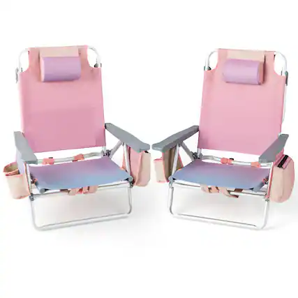 Front. Gymax - Gymax 2PCS Folding Backpack Beach Chair 5-Position Outdoor Reclining Chairs w/ Pillow - Pink.