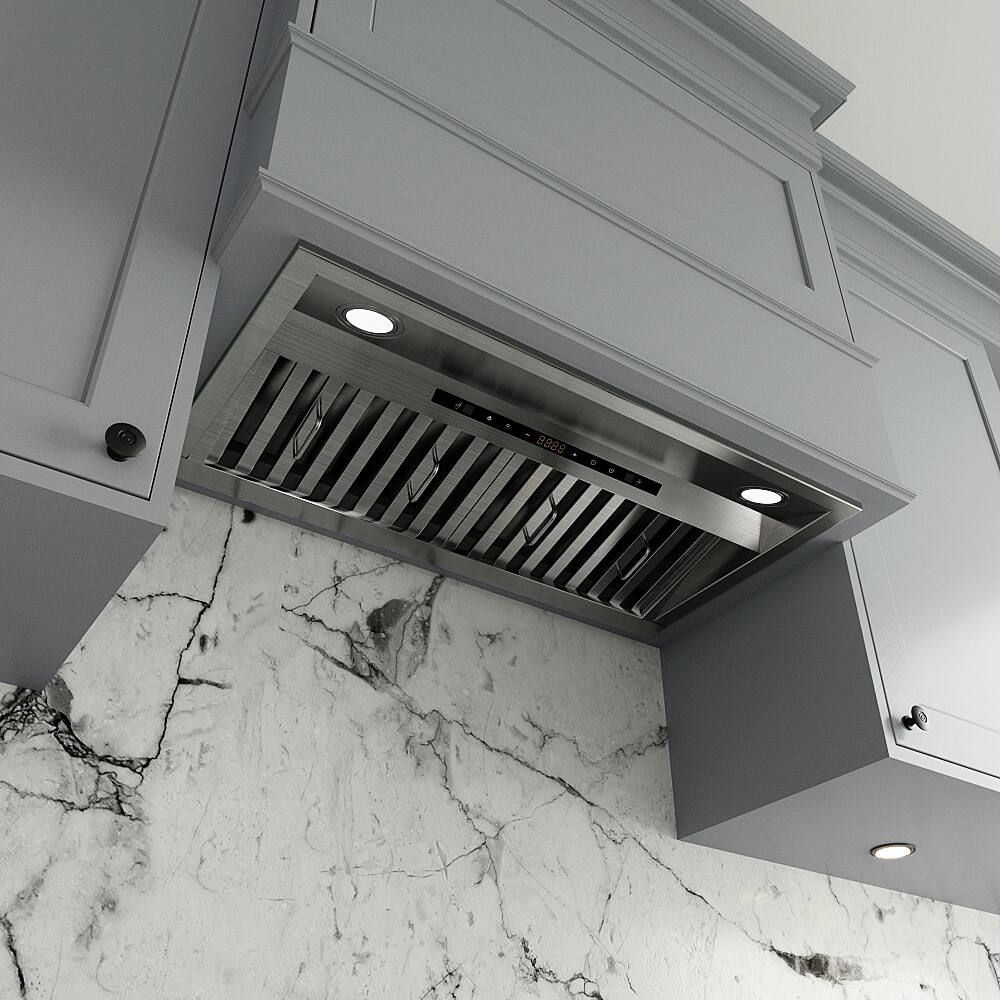 Alt View 1. Streamline - 28 in. Isnello Ductless Insert 350 CFM Range Hood, Baffle Filters, Touchpad Control, LED Lights - Brushed Stainless Steel.