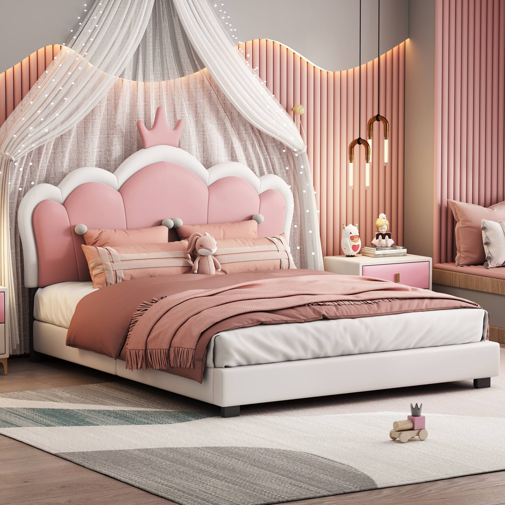 Alt View 1. GOODSILO - Full Size Upholstered Princess Bed with Crown Headboard and Footboard Platform Bed Frame - Cream.