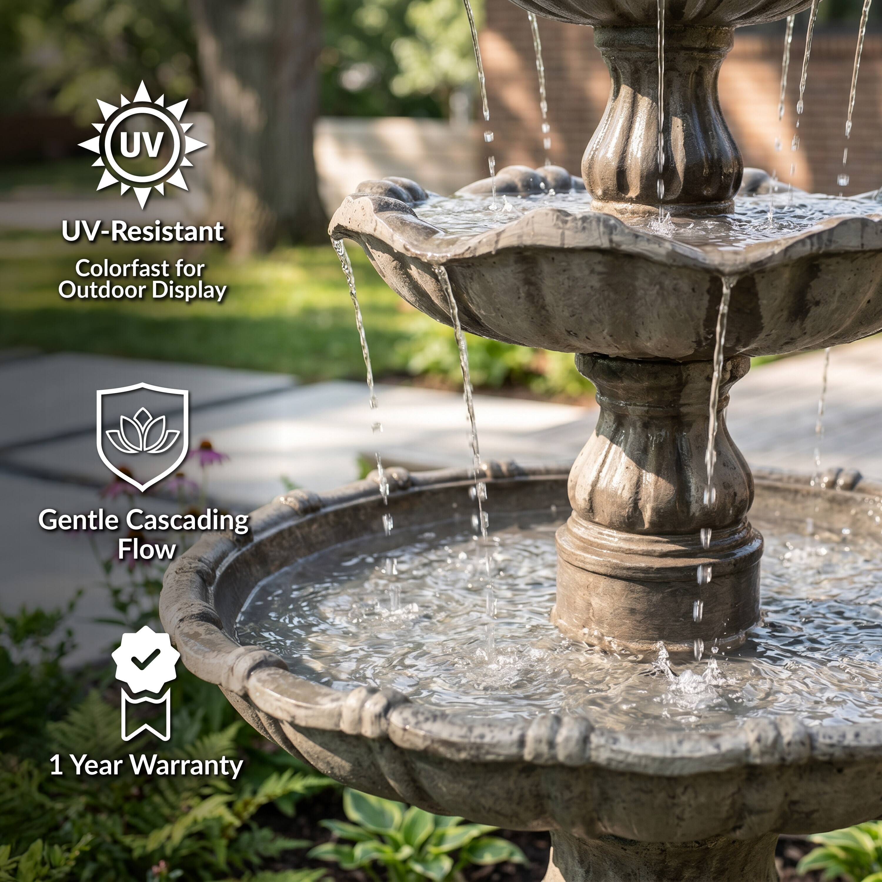 UV-Resistant  
Colorfast for Outdoor Display  
Gentle Cascading Flow  
1 Year Warranty