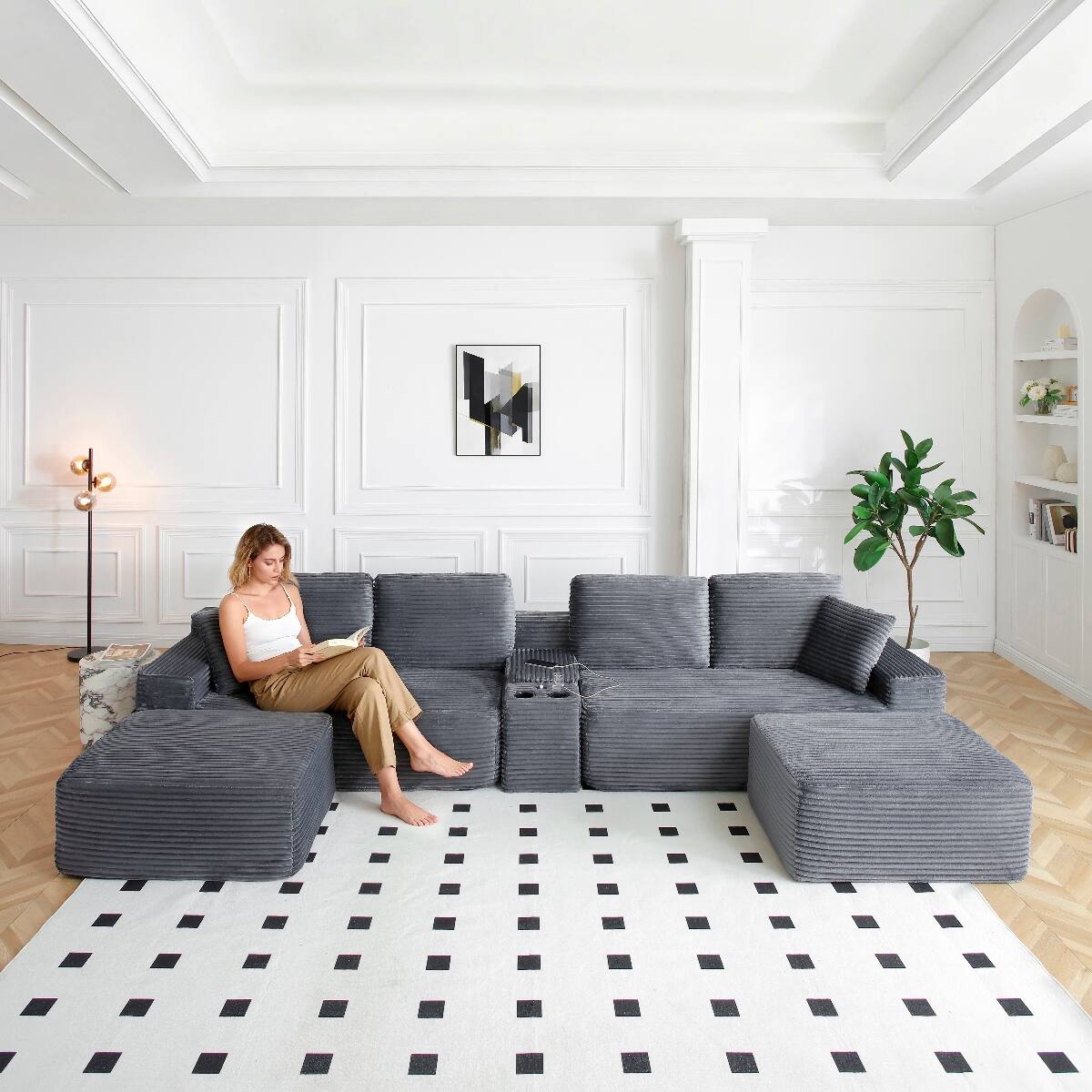 Front. Ropilly - Ropilly 125 Inch U Shaped Sectional Sofa, Corduroy Deep Seat Cloud Couch with Two Ottomans, USB Ports, Grey - Grey.