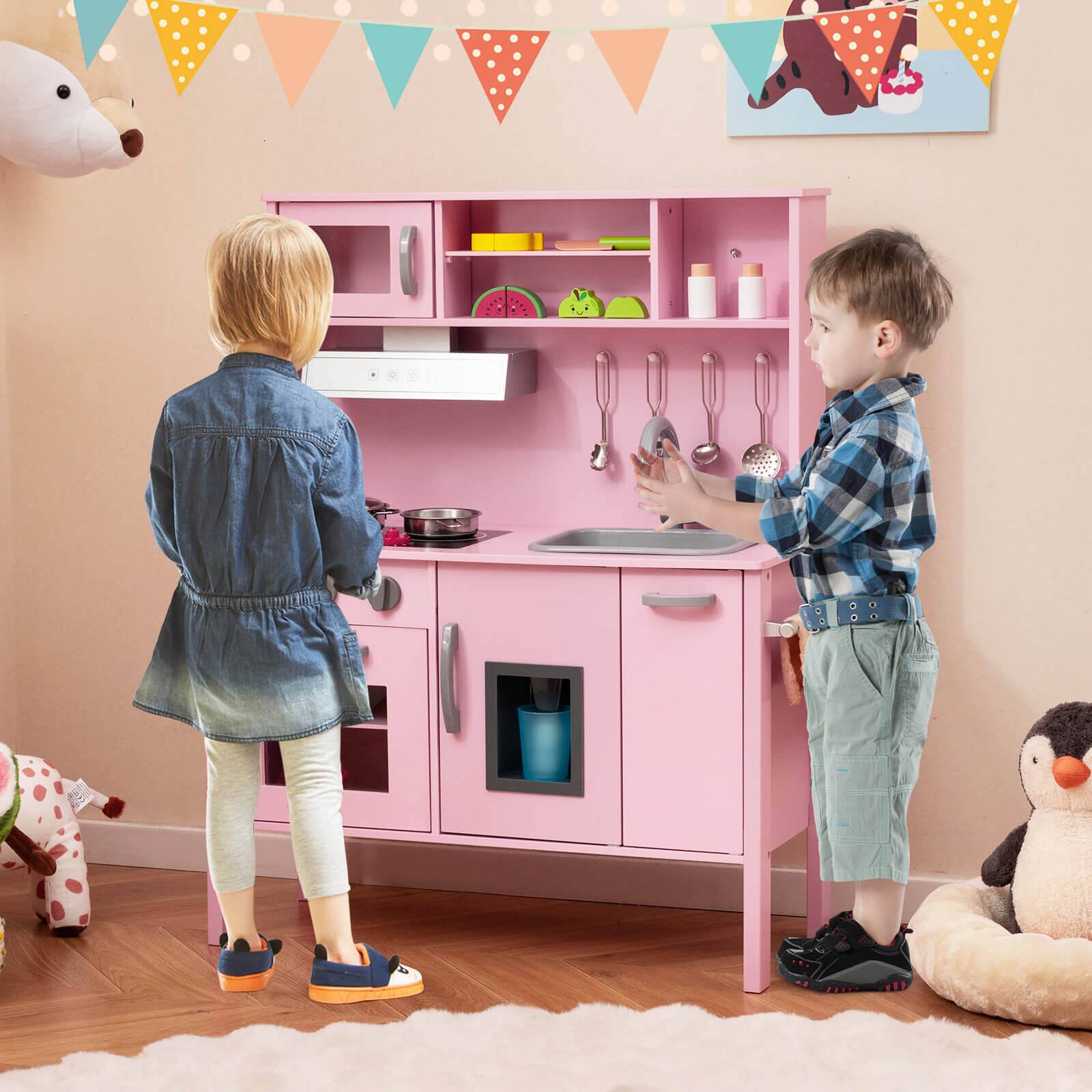 Alt View 1. Costway - Costway Kids Kitchen Playset Wooden Pretend Play Chef Toy with Microwave & Accessories - Pink.