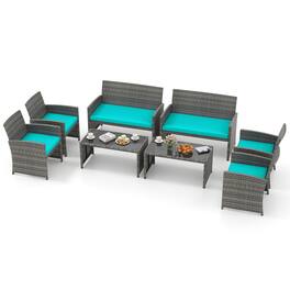 Gymax - 8PCS Patio Outdoor Conversation Set w/Seat Cushions & Tempered Glass Tabletop - Turquoise