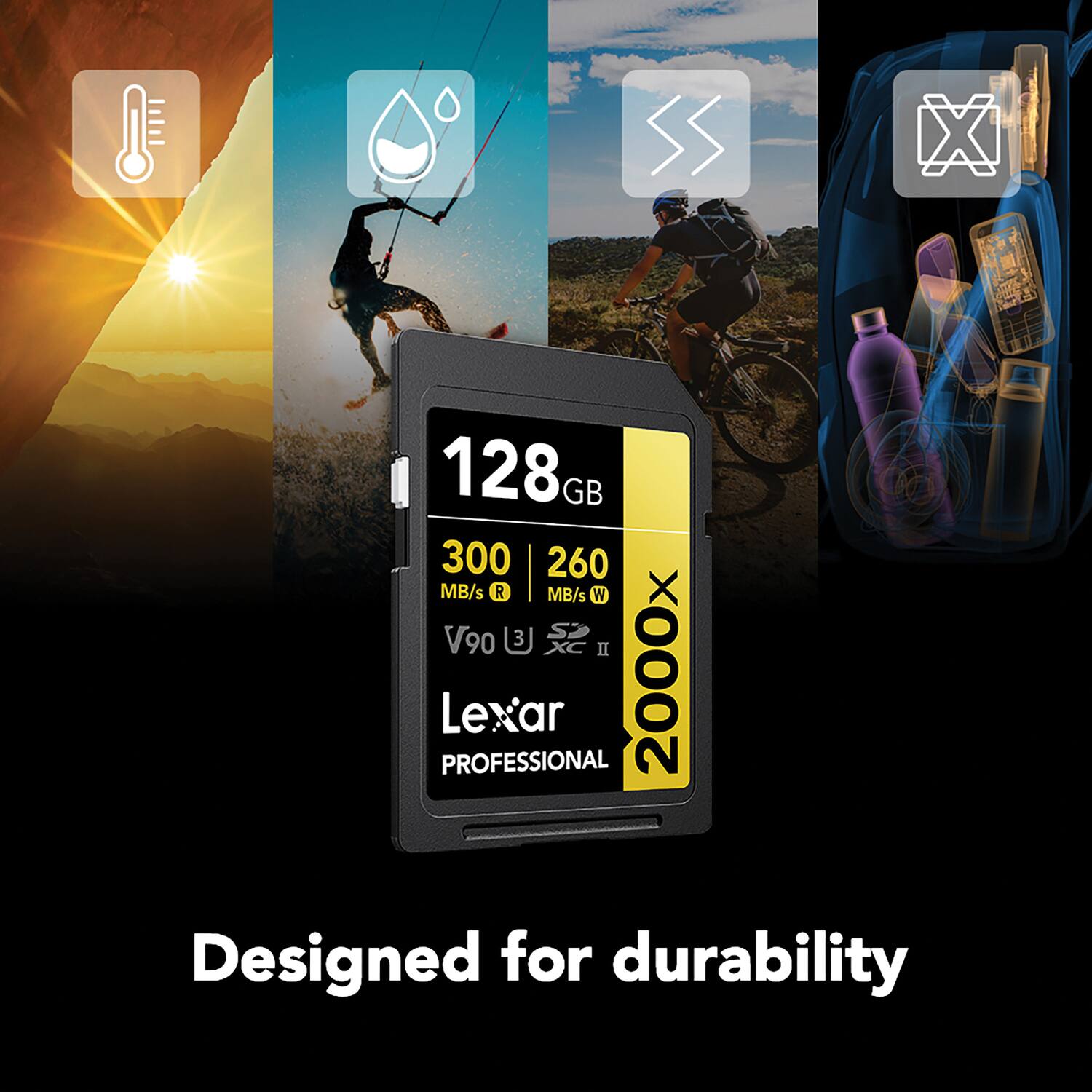 128GB  
300 MB/s R  
260 MB/s W  
V90  
2000x  
Lexar PROFESSIONAL  
Designed for durability