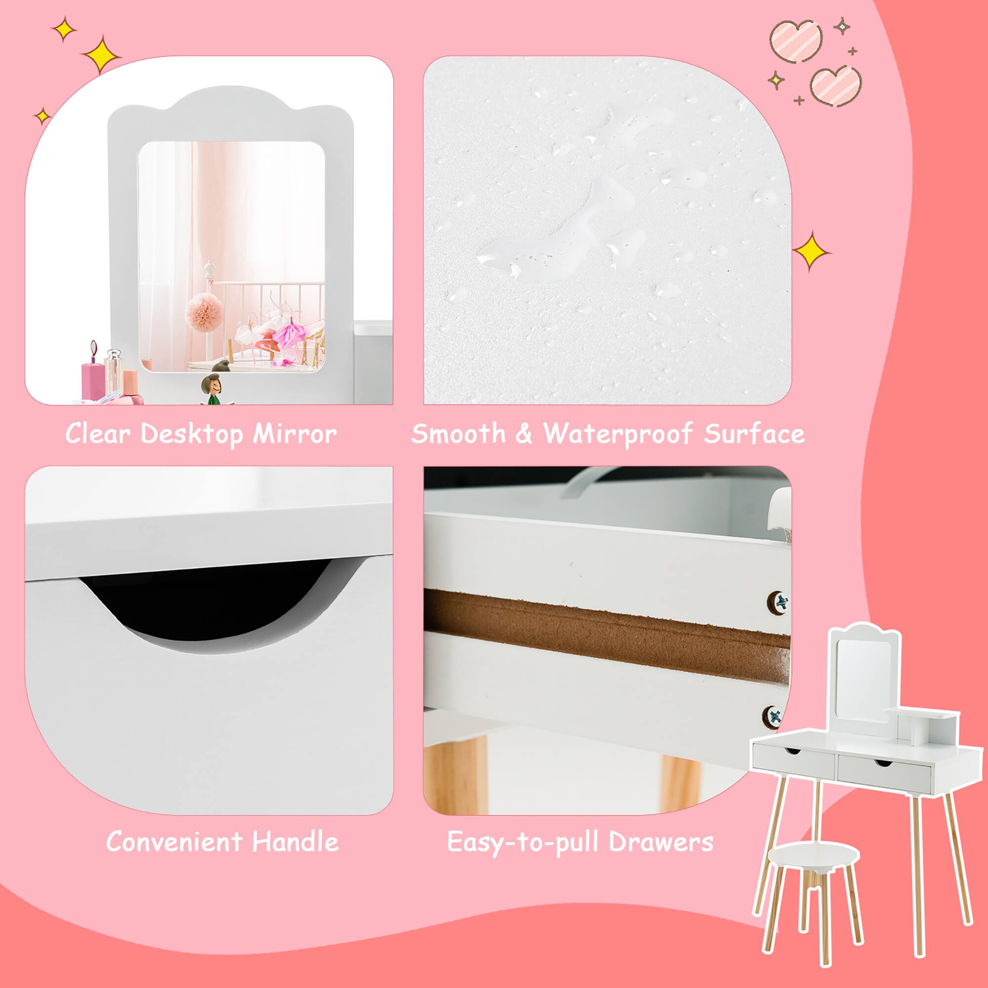 Clear Desktop Mirror, Smooth & Waterproof Surface, Convenient Handle, Easy-to-pull Drawers