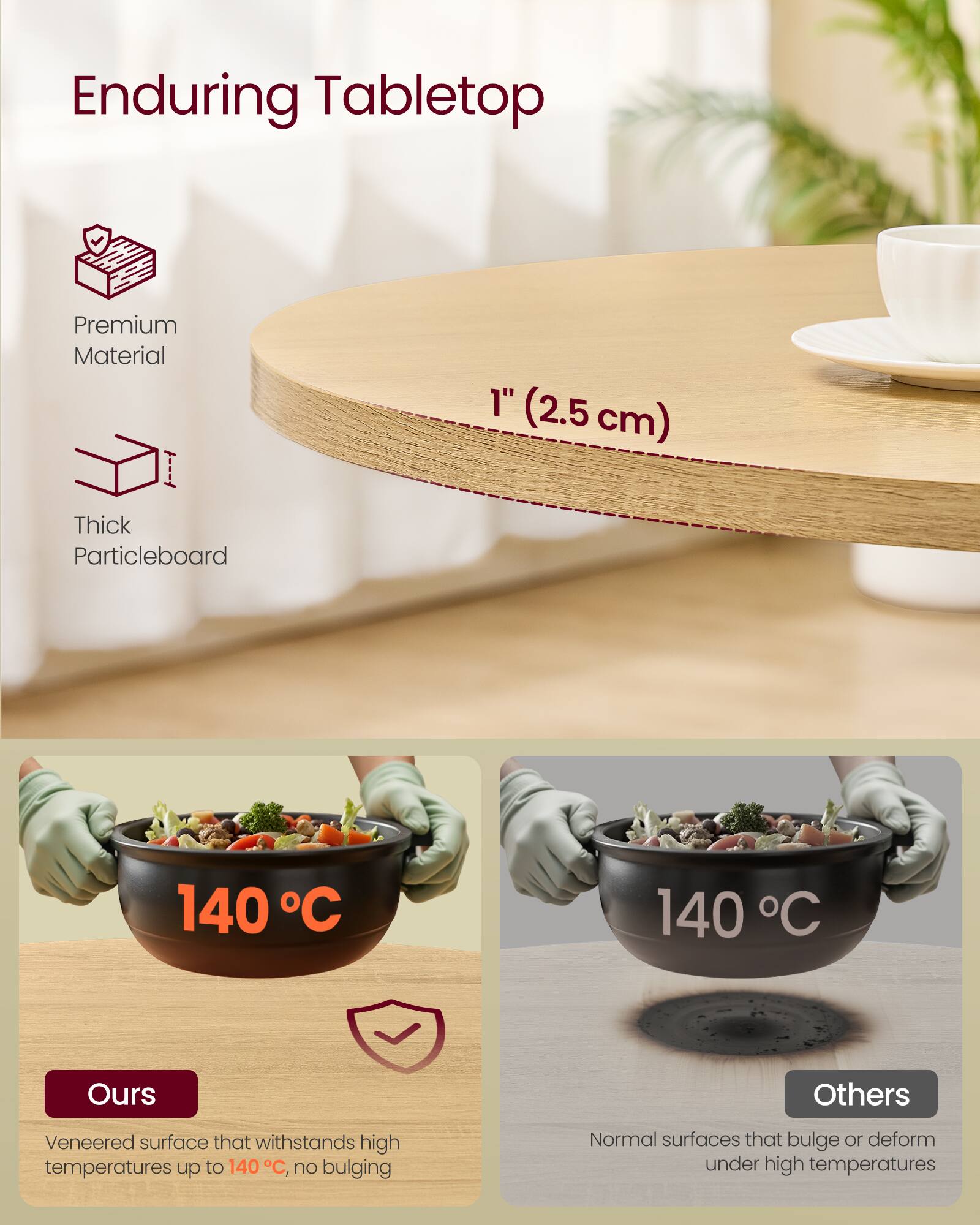 Enduring Tabletop

Premium Material  
1" (2.5 cm) Thick Particleboard

140°C  
Ours  
Veneered surface that withstands high temperatures up to 140°C, no bulging

140°C  
Others  
Normal surfaces that bulge or deform under high temperatures