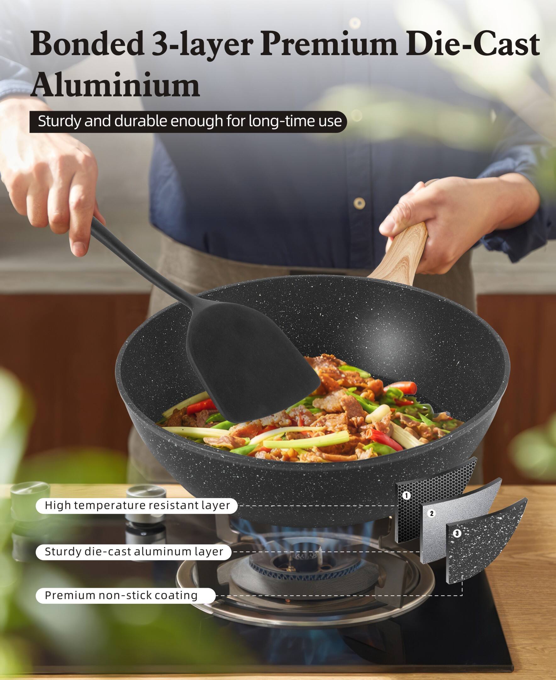 Bonded 3-layer Premium Die-Cast Aluminium  
Sturdy and durable enough for long-time use  

1. High temperature resistant layer  
2. Sturdy die-cast aluminum layer  
3. Premium non-stick coating
