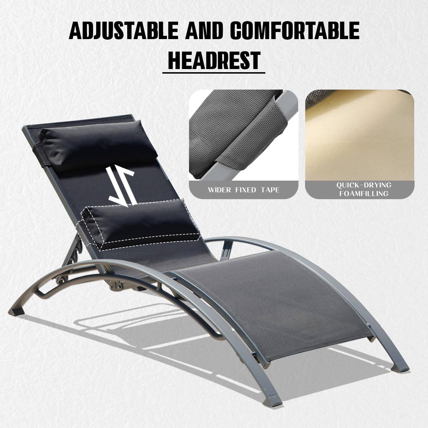 ADJUSTABLE AND COMFORTABLE HEADREST

WIDER FIXED TAPE

QUICK-DRYING FOAM FILLING