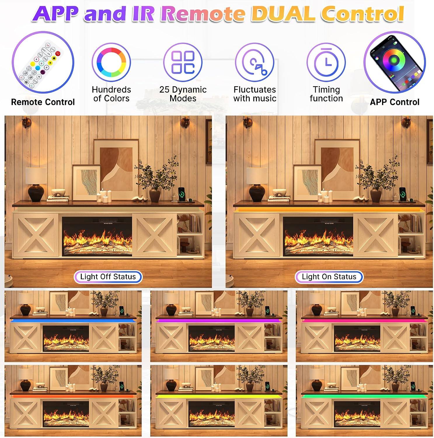 APP and IR Remote DUAL Control

- Remote Control
- Hundreds of Colors
- 25 Dynamic Modes
- Fluctuates with music
- Timing function
- APP Control

Light Off Status

Light On Status