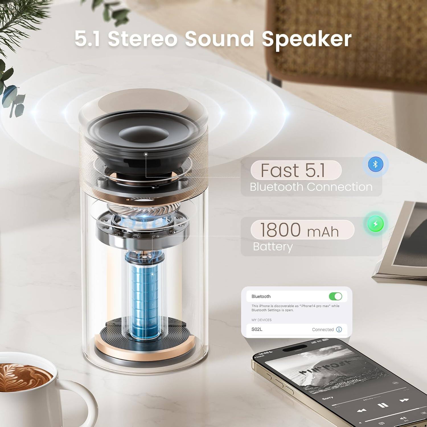 5.1 Stereo Sound Speaker

Fast 5.1 Bluetooth Connection

1800 mAh Battery

Bluetooth
This iPhone is discoverable as "iPhone14 pro max" while Bluetooth Settings is open.
MY DEVICES
S02L
Connected