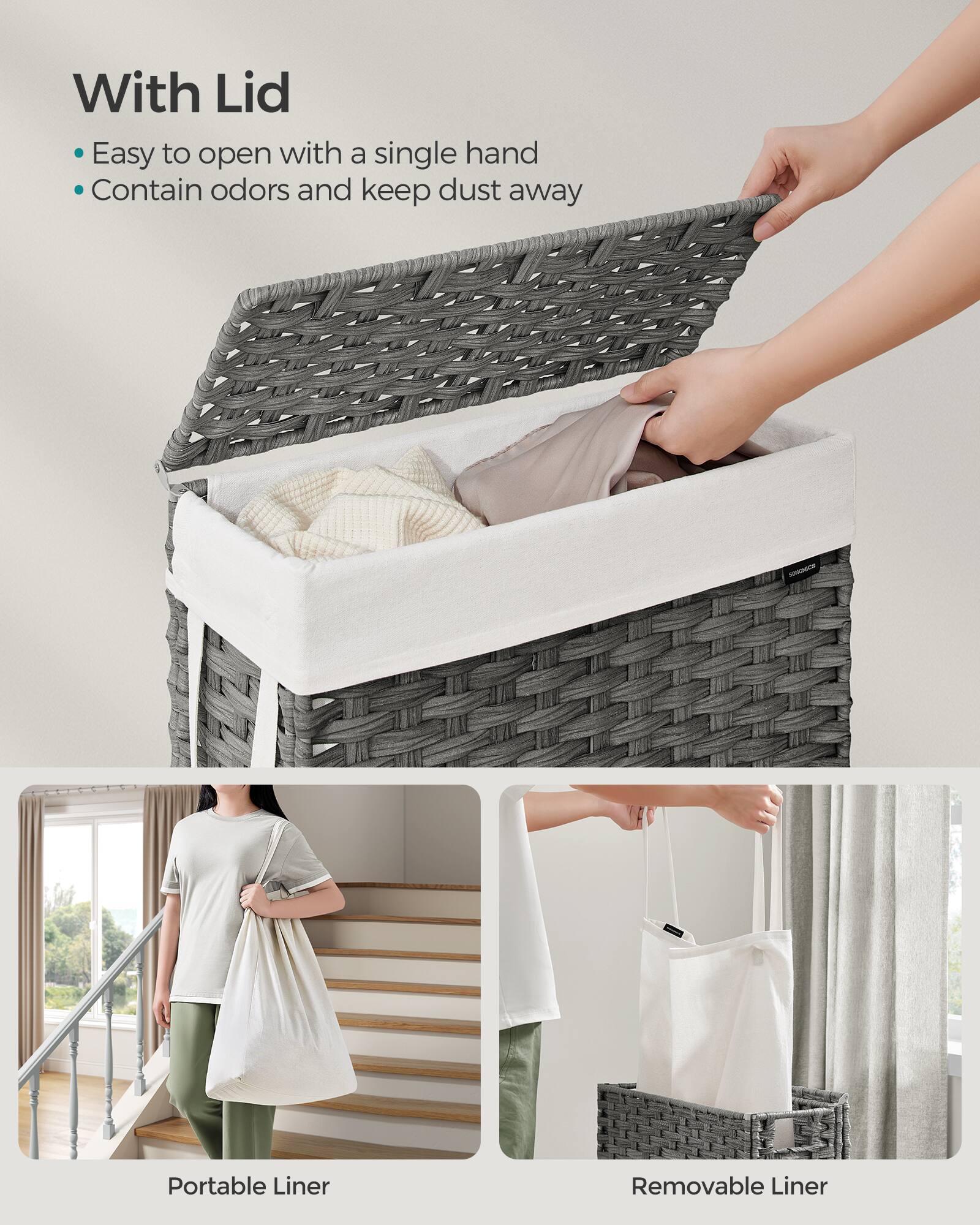 With Lid  
- Easy to open with a single hand  
- Contain odors and keep dust away  

Portable Liner  
Removable Liner