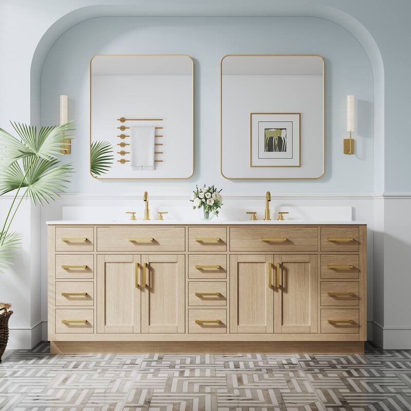 Back. WELLFOR - 84" Solid Wood Bathroom Vanity with Double Sink, 4 Soft-Close Doors, 14 Drawers& Cultured Marble Countertop - OAK.