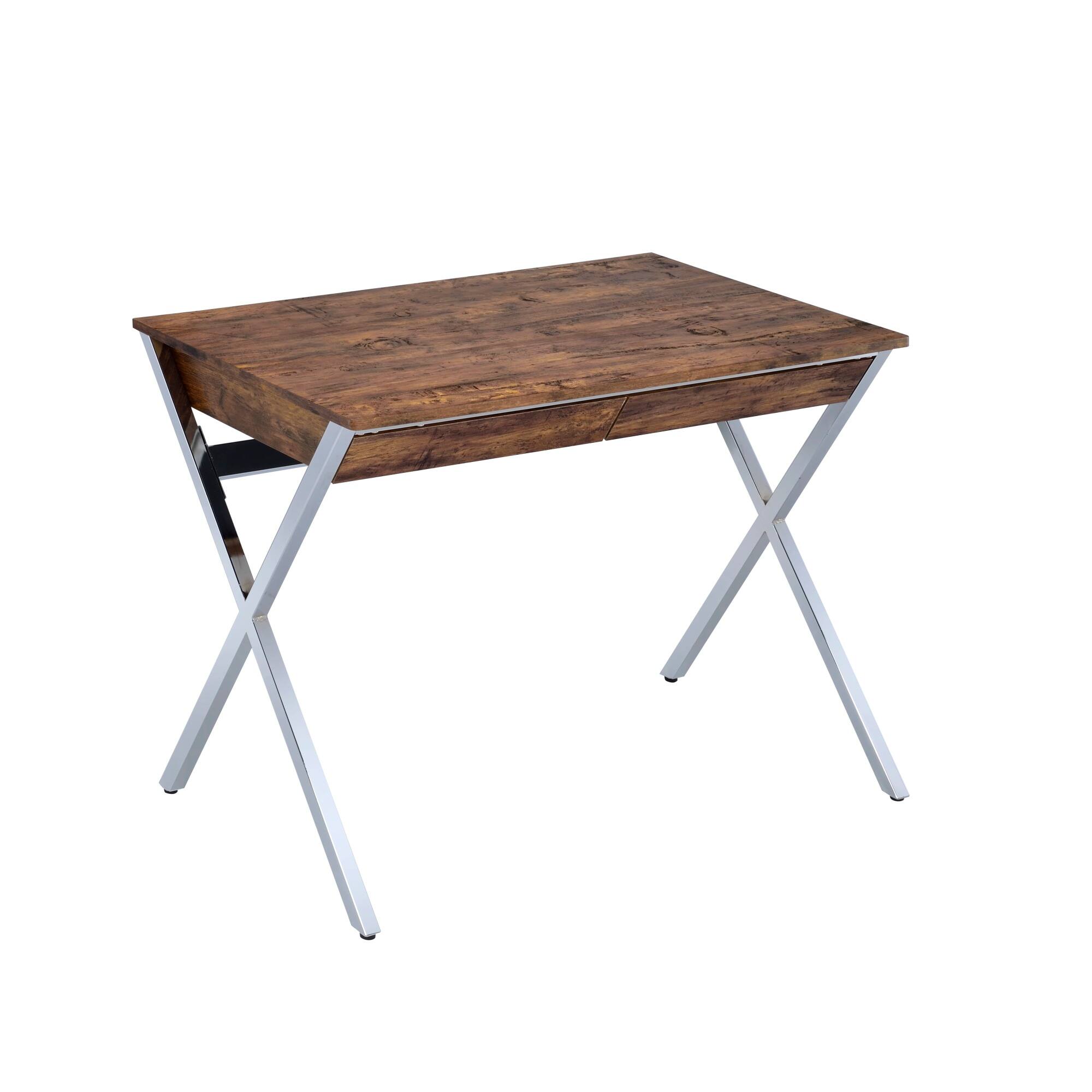 Alt View 2. GOODSILO - Modern Weathered Oak and Chrome Writing Desk with Two Drawers for Home Office and Study Spaces - Chrome+Oak.