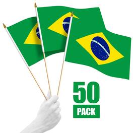 G128 - 50-Pack Handheld Brazil Flags 12" x 18" — 150D Polyester with Wooden Stick and Gold Spear - Assorted Colors