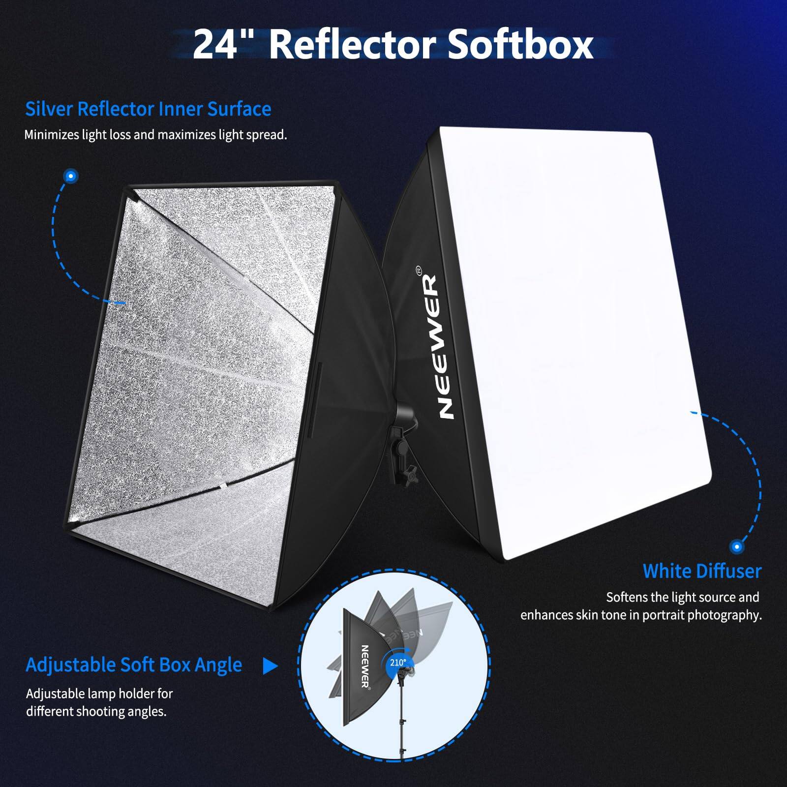 24" Reflector Softbox

Silver Reflector Inner Surface
Minimizes light loss and maximizes light spread.

NEEWER Adjustable Soft Box Angle
Adjustable lamp holder for different shooting angles.

NEEWER B9N 210* White Diffuser
Softens the light source and enhances skin tone in portrait photography.