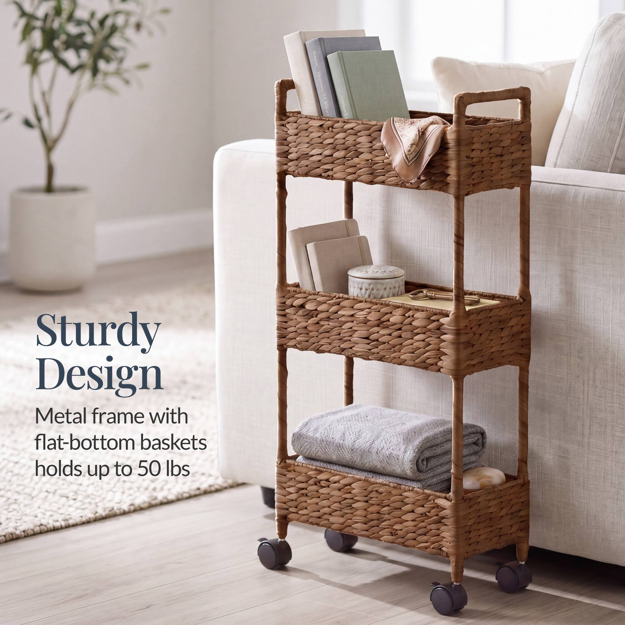Sturdy Design  
Metal frame with flat-bottom baskets holds up to 50 lbs