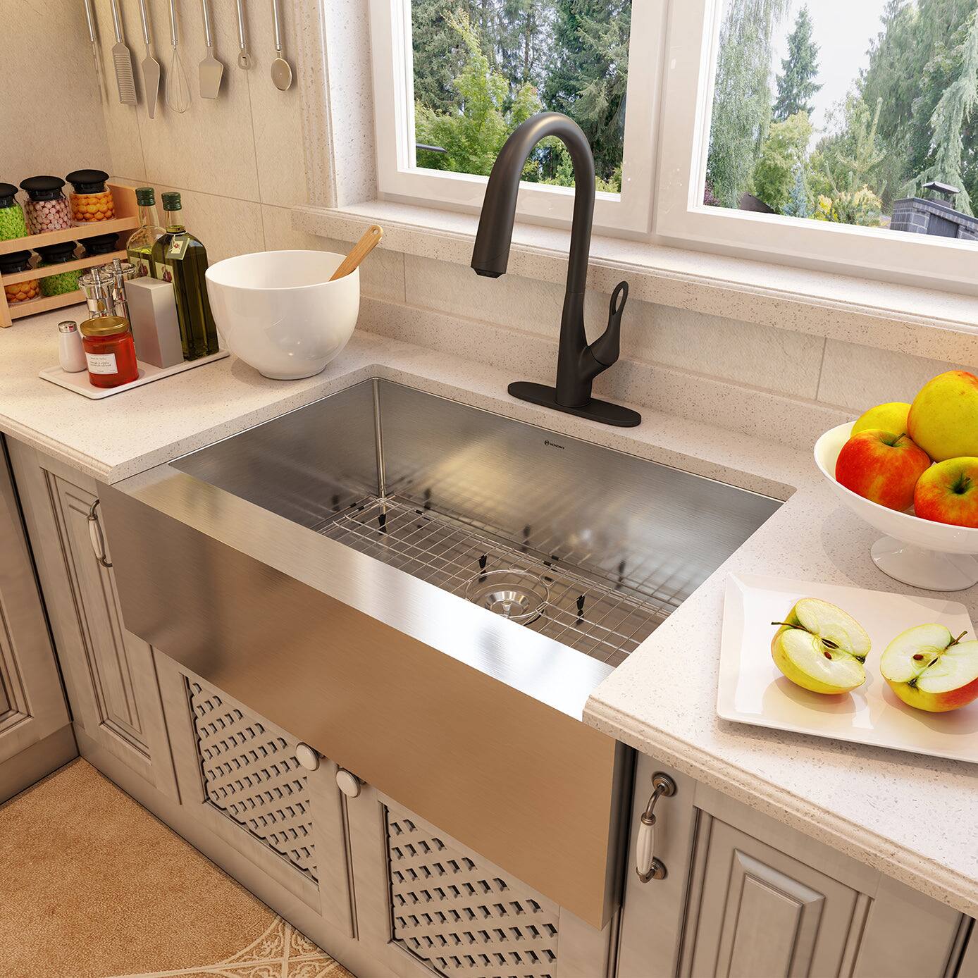 Alt View 3. Boyel Living - 33 in. Farmhouse Apron-Front Single Bowl 18-Gauge Stainless Steel Kitchen Sink with Bottom Grid and Strainer Basket - Silver.