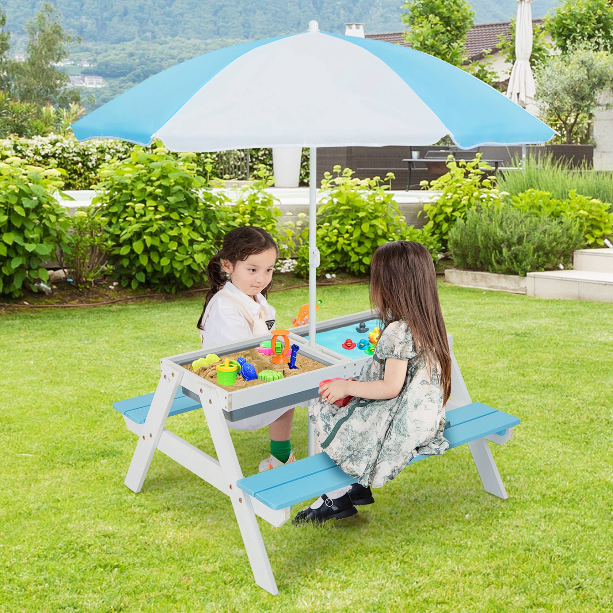 Alt View 2. Costway - Costway 3-in-1 Kids Picnic Table Wooden Outdoor Sand & Water Table with Umbrella Play Boxes - Blue.