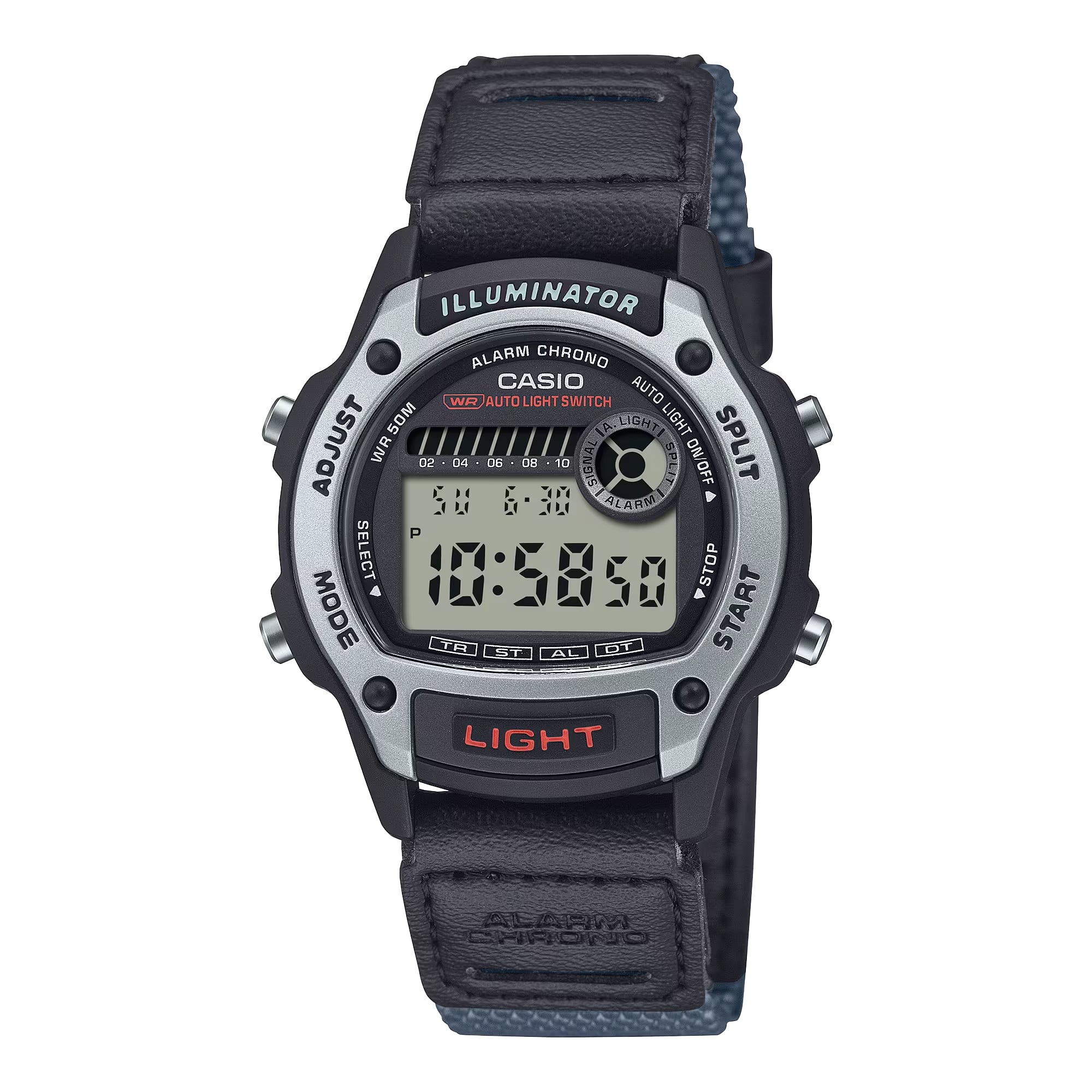 Casio - Men’s Digital Illuminator Chronograph Watch with Leather and Gray Cloth Band - Black