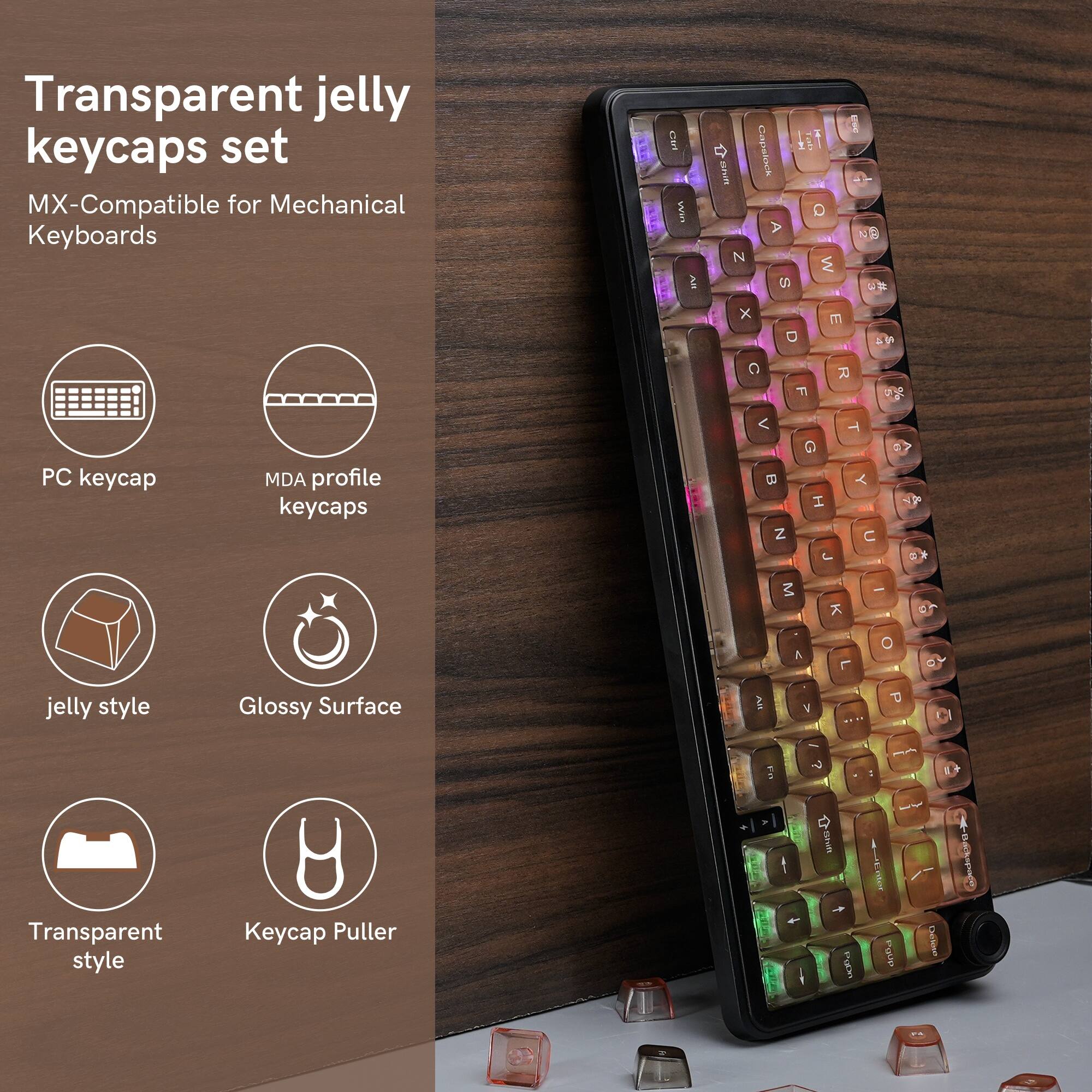 Transparent jelly keycaps set MX-Compatible for Mechanical Keyboards

- PC keycap
- MDA profile keycaps
- jelly style
- Glossy Surface
- Transparent style
- Keycap Puller
