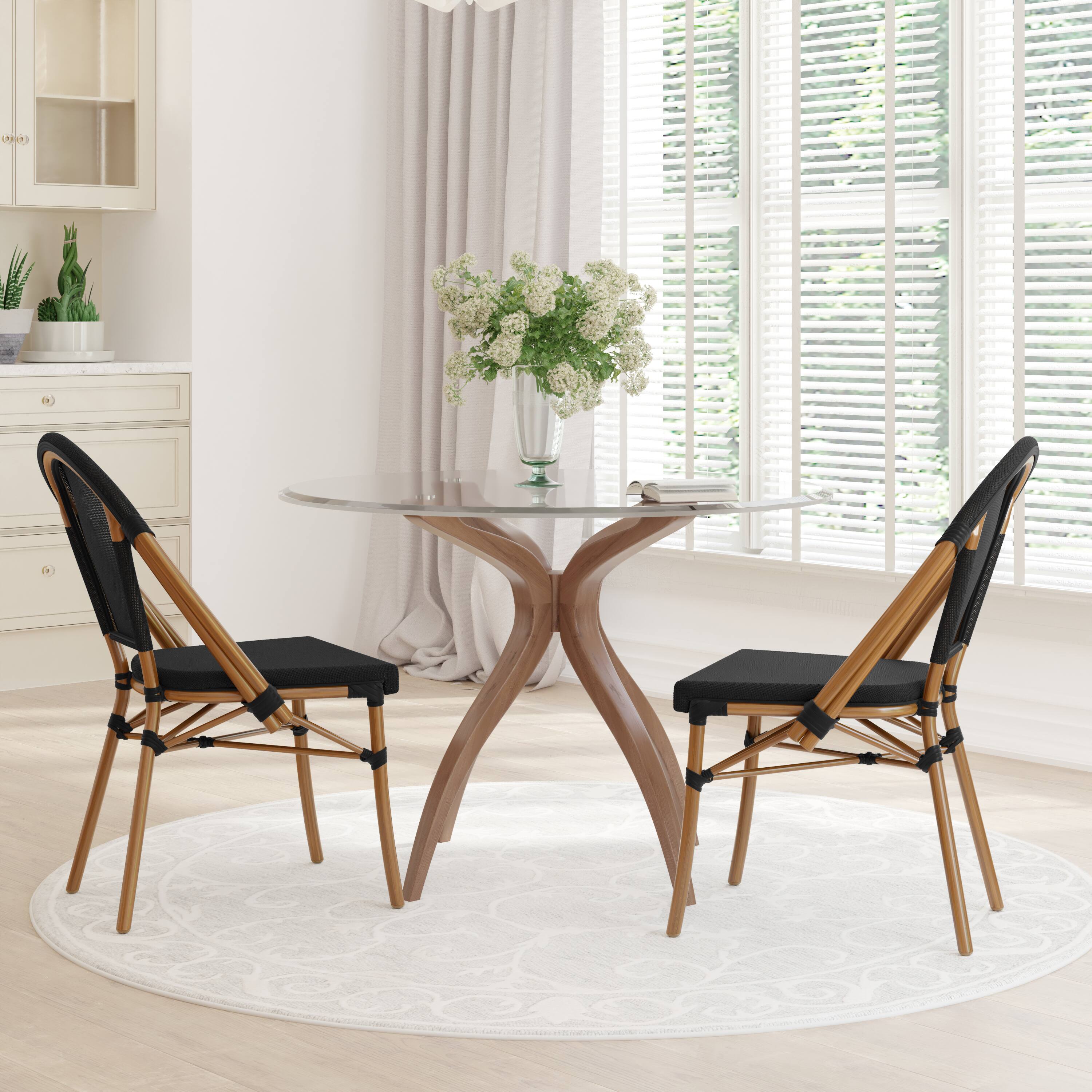 Alt View 2. Emma + Oliver - Massalia Indoor/Outdoor Stacking Bistro Style Chairs with Textilene Seat and Aluminum Frame - Black/Natural Frame.