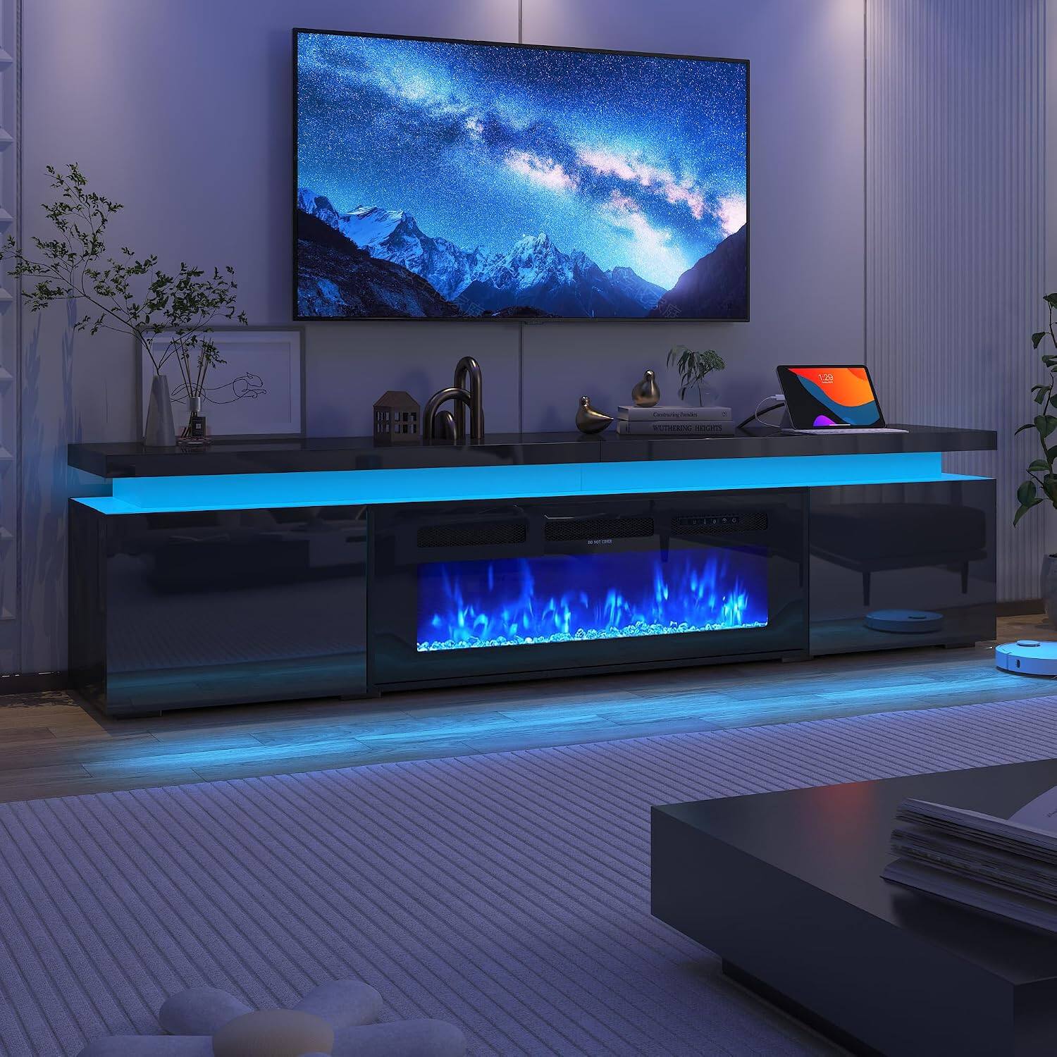 Angle. Espafurni - 90inch Modern Fireplace TV Stand with Power Outlet Storage for up to 100" TVs– Ships in 2 Packages - Black.