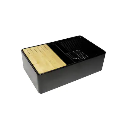 Front. Alfi - Black Matte Workstation 33" x 20" Double Bowl Step Rim Fireclay Farm Sink - Black.