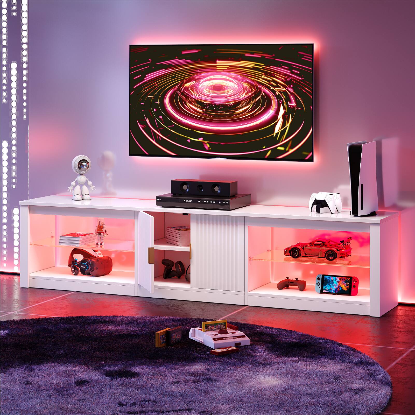 Alt View 1. Bestier - 80-inch TV Stand for 75-85 Inch TVs, LED Lights, Fluted Cabinet & Adjustable Shelves - Bright White.