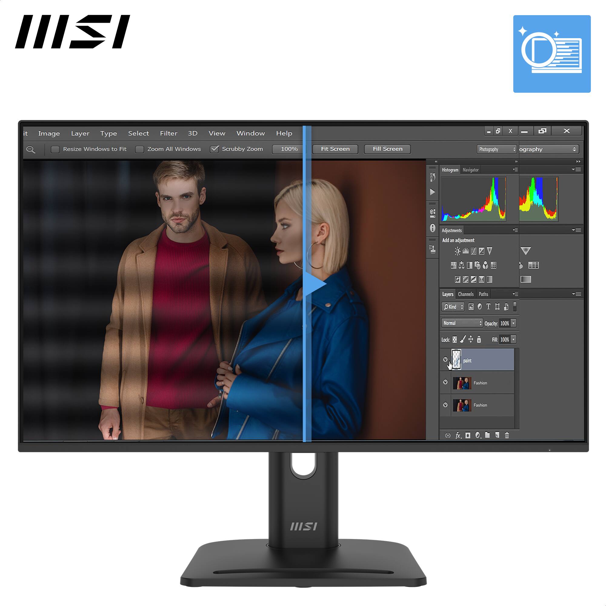 IIISI

it
Image Layer Type Select Filter 3D View Window Help
5
-
X
Resize Windows to Fit Zoom All Windows Scrubby Zoom 100%
Fit Screen Fill Screen
Photography
: ography
Hotogram Navigator
Adjetents Add a adjustment
Y
layers Channels Paths
Krd
?
Normal
Spachy 100%
Lock
Fit 100%
saint
Fashion
Fashion