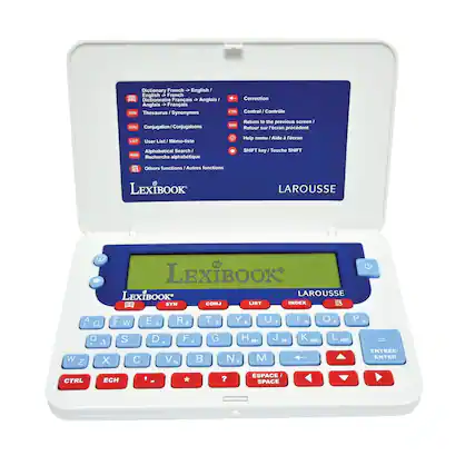 Dictionary French - English / Dictionnaire Français - Anglais
English - French / Anglais - Français
Thesaurus / Synonymes
Conjugation / Conjugaisons
User List / Mémoliste
Alphabetical Search / Recherche alphabétique
Others functions / Autres fonctions
Correction
Control / Contrôle
Return to the previous screen / Retour sur l'écran précédent
Help menu / Aide à l'écran
SHIFT key / Touche SHIFT
LEXIBOOK
LAROUSSE
