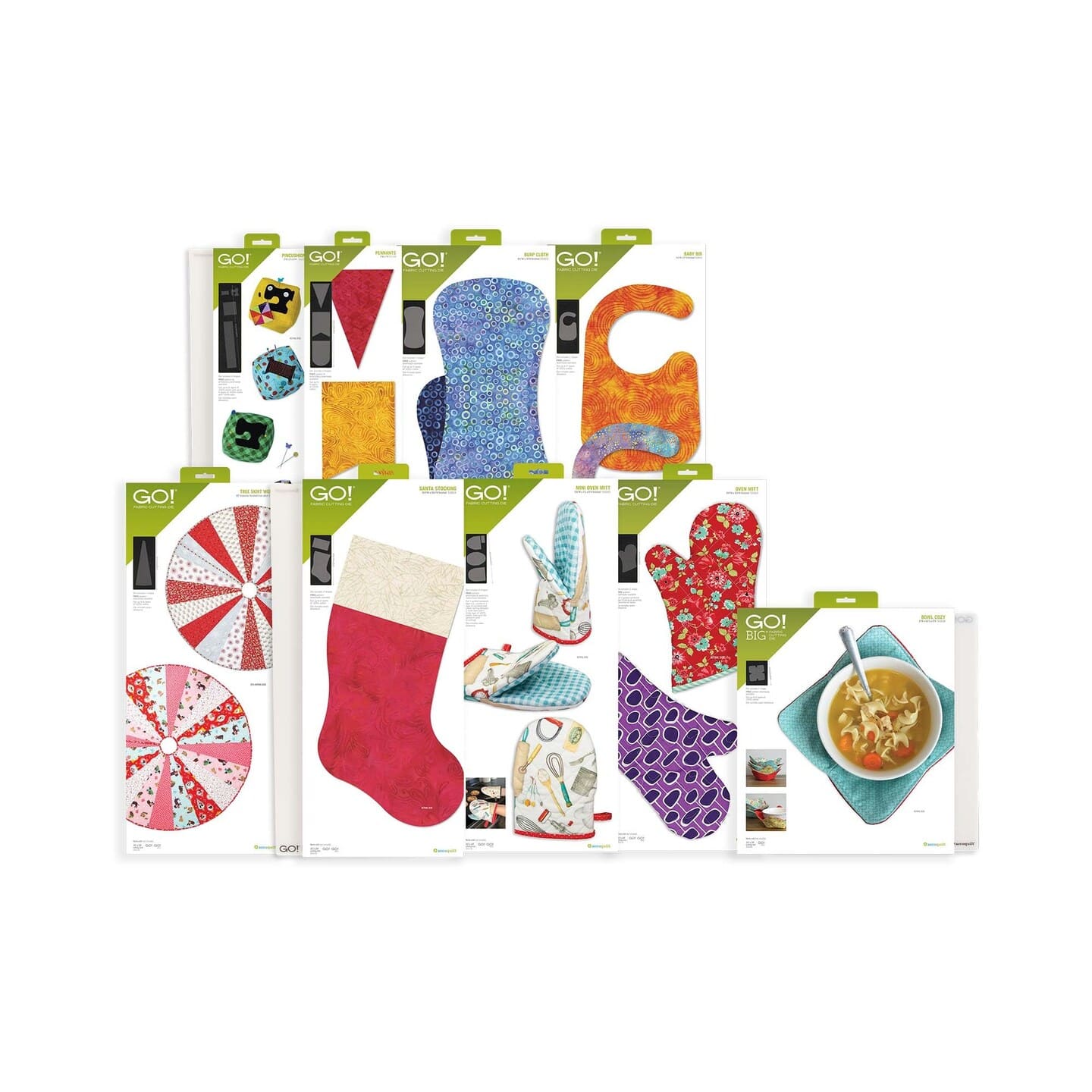 AccuQuilt - GO! Project Maker Die Bundle – Pennants, Stocking, Bib, Oven Mitt Dies + 2 Mats & Free Pincushion - Multicolor