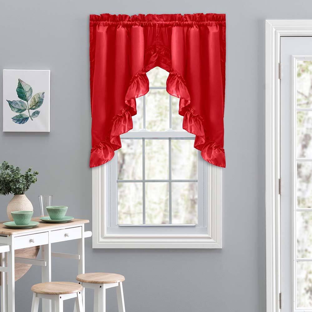 Angle. Ellis Curtain - Ellis Stacey 1.5" Rod Pocket High Quality Fabric Solid Color Window Ruffled Swag 60"x38" Red - Red.