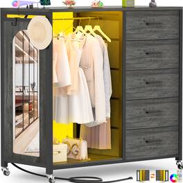 Aheaplus - 5 Drawer Dresser with Power Outlet and LED Light, Storage Chest with Hanging Rod & Mirror, with Wheels - Gray Oak