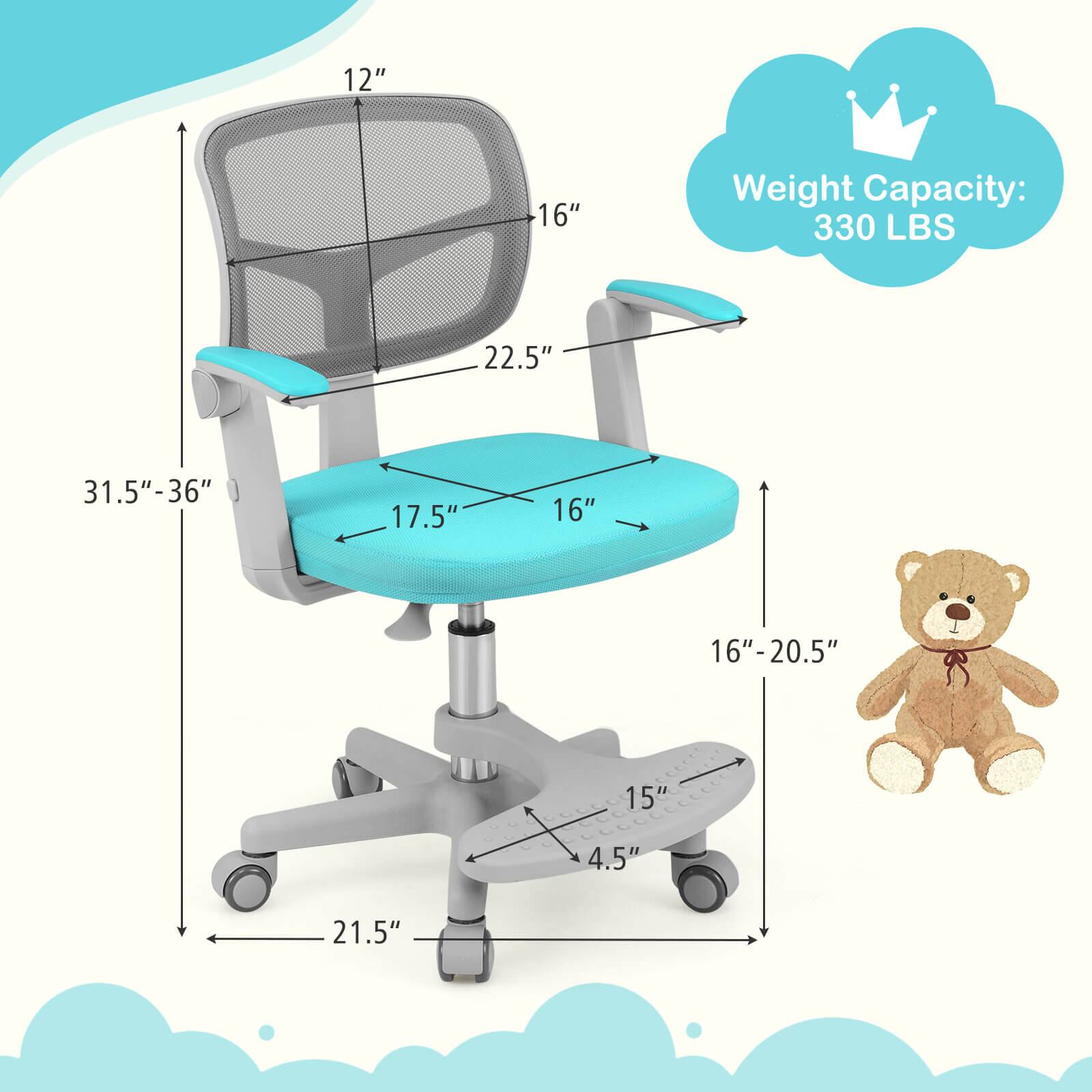 - Height: 31.5" - 36"
- Seat Width: 17.5"
- Seat Depth: 16"
- Back Height: 22.5"
- Armrest Height: 12"
- Back Width: 16"
- Seat Height: 16" - 20.5"
- Base Width: 21.5"
- Base Depth: 15"
- Base Height: 4.5"
- Weight Capacity: 330 LBS