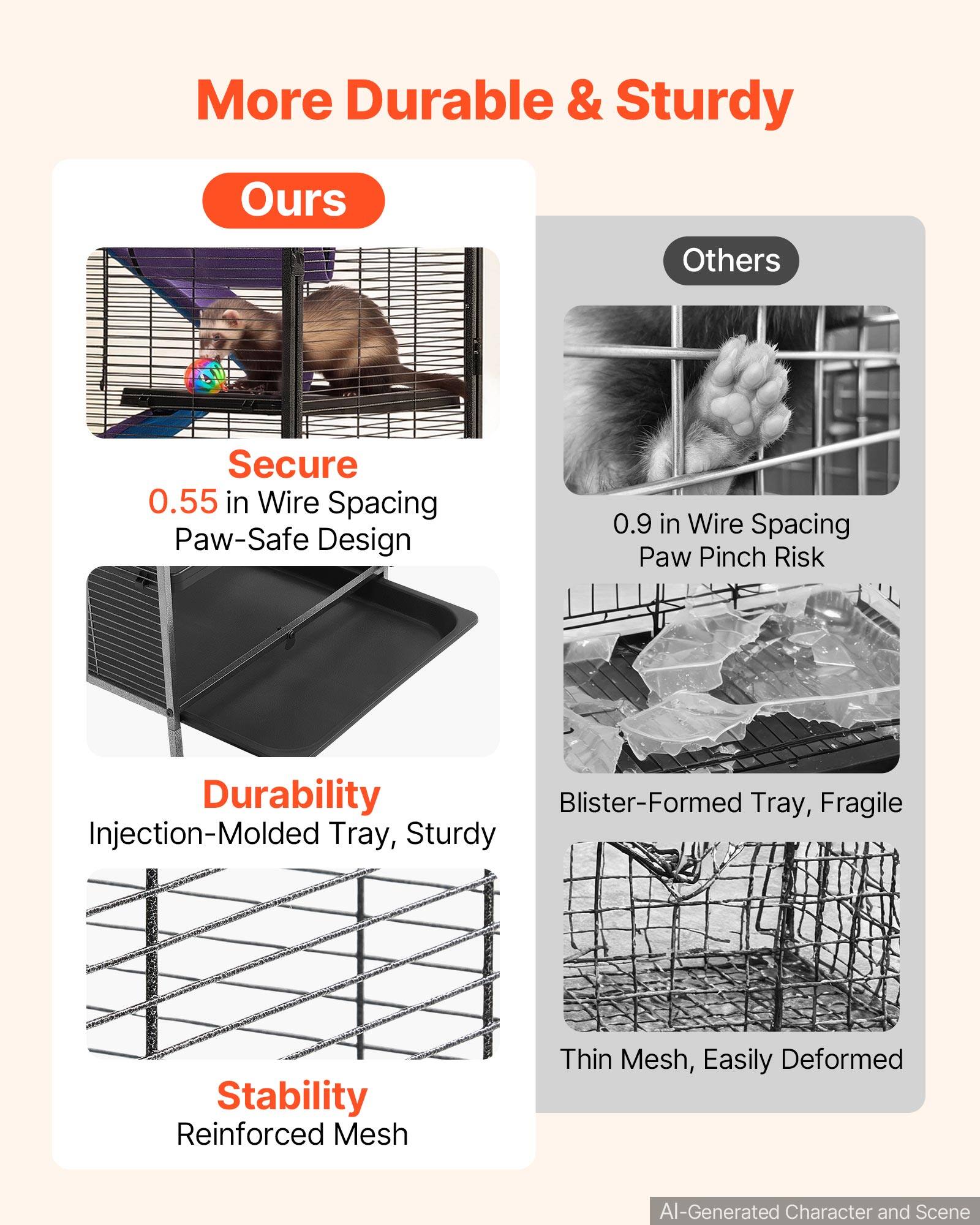 More Durable & Sturdy

Ours
- Secure
  - 0.55 in Wire Spacing
  - Paw-Safe Design
- Durability
  - Injection-Molded Tray, Sturdy
- Stability
  - Reinforced Mesh

Others
- 0.9 in Wire Spacing
  - Paw Pinch Risk
- Blisters-Formed Tray, Fragile
- Thin Mesh, Easily Deformed

AI-Generated Character and Scene