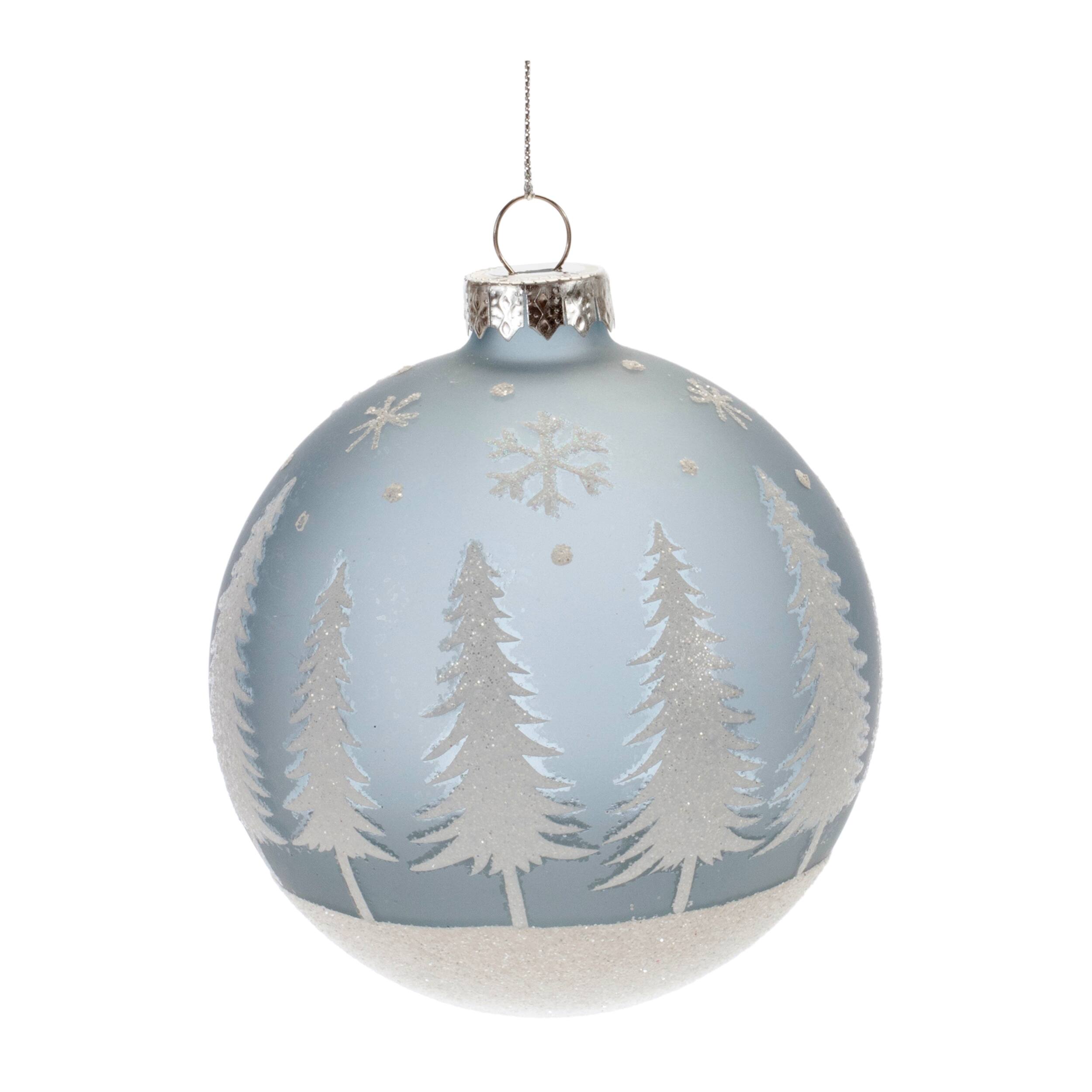 Left. BreeBe - Frosted Forest and Village Ball Ornament (Set of 6) - Blue, White.