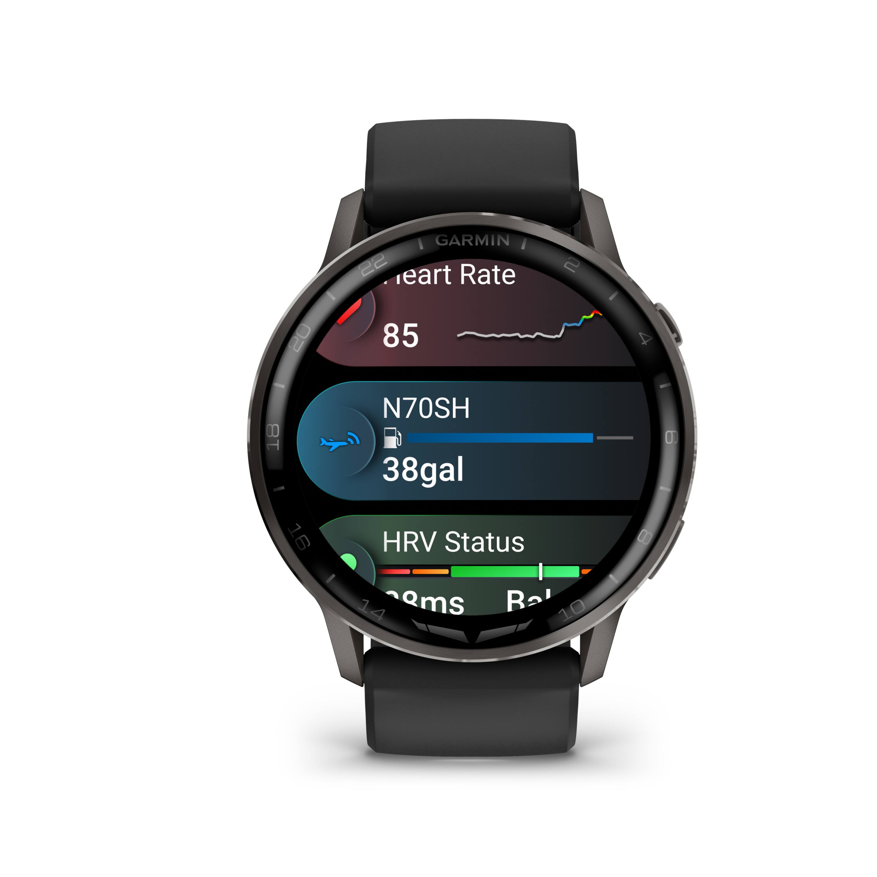 I GARMIN 22  
Heart Rate 85  
N70SH 38gal  
HRV Status - 1  
14 am  
Rai