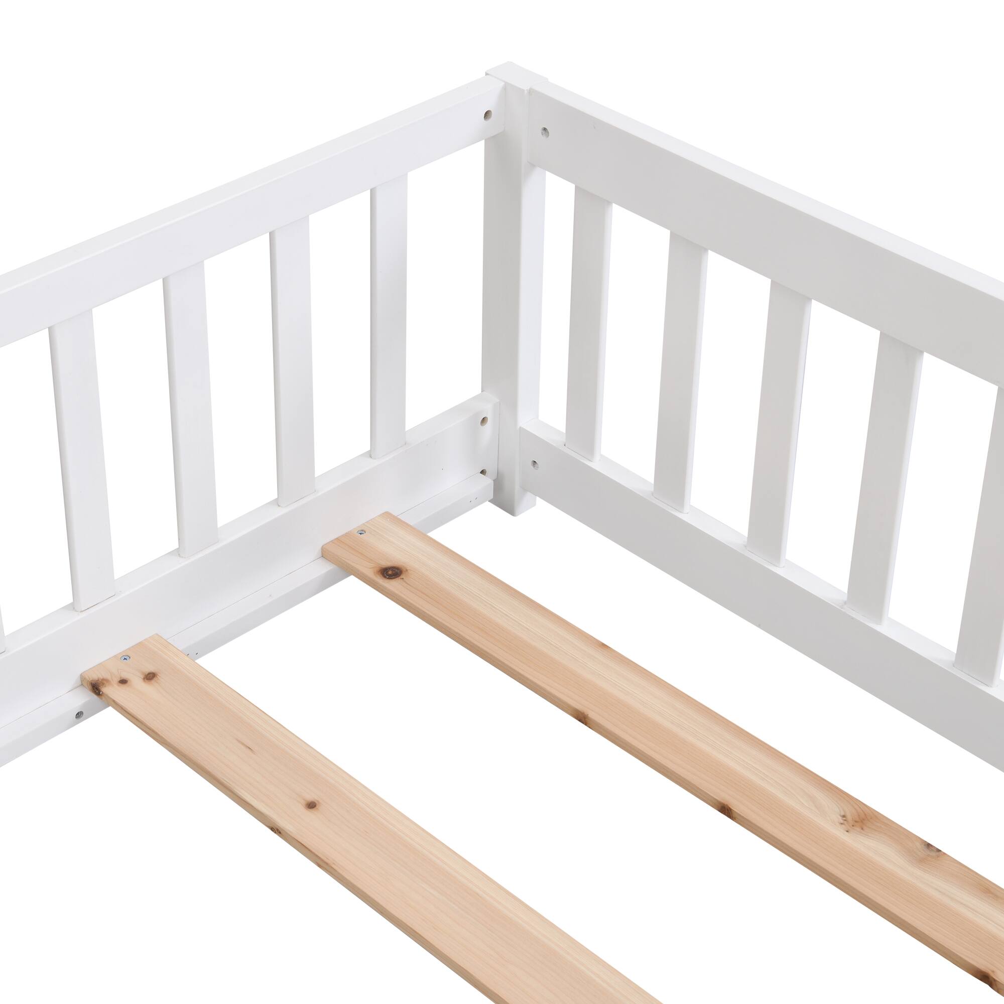 Alt View 2. GOODSILO - Twin Size Solid Wood Platform Floor Bed with Safety Guardrails and Door for Children's Room - White.