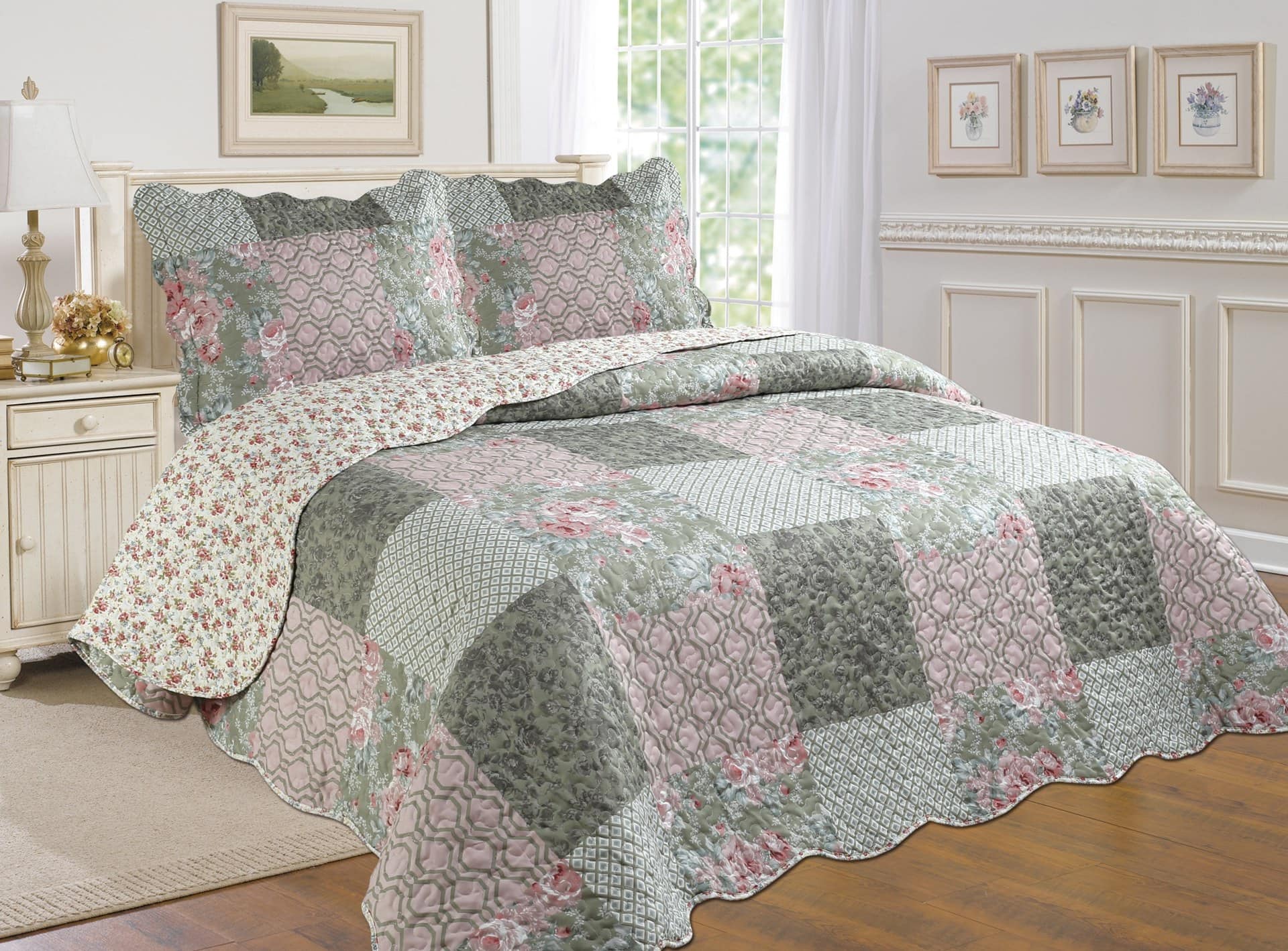 J&V TEXTILES - Gray Reversible Quilt Set - Patchwork